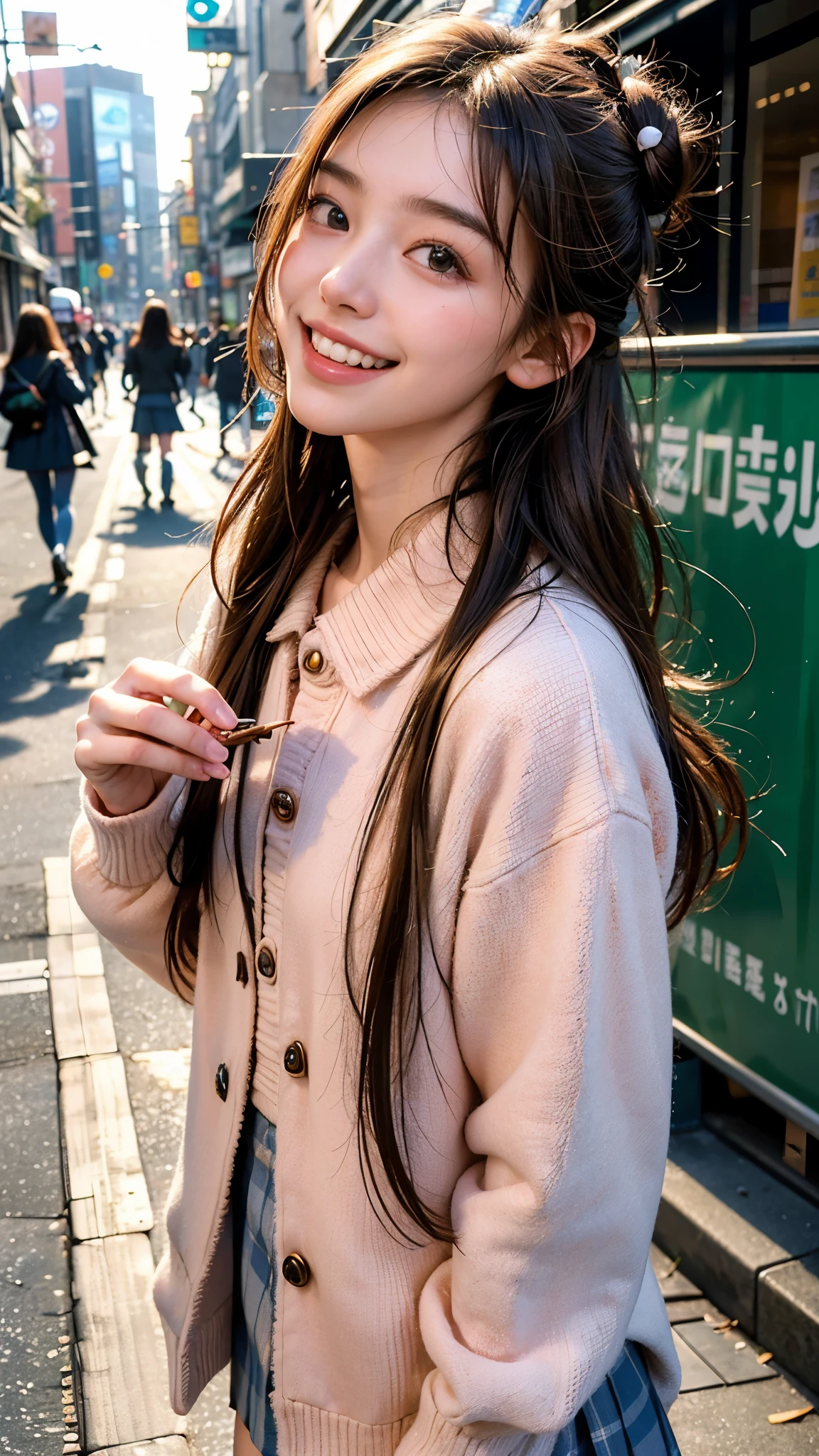 highest quality, masterpiece, ultra high resolution, (realistic:1.4), (portrait facing each other) RAW photo, 2 girls, 22 years ago,slender body,Medium chest,((winter school uniform)),((long hair bun hair)),((Harajuku Takeshita Street)),((Eating sweets while walking),((looking up at the viewer)),(blush),saturation, contrast,((toothy smile)),