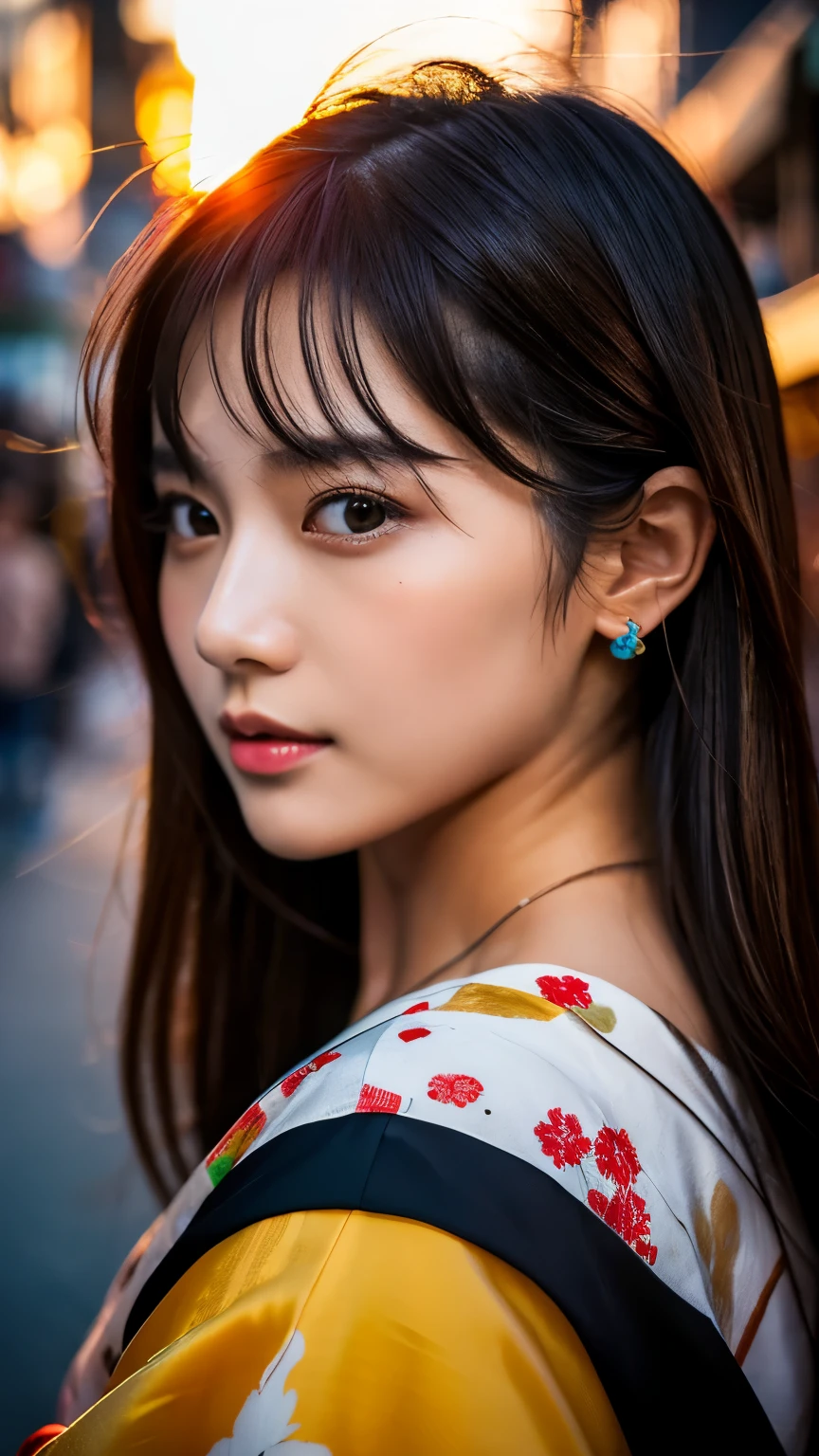 Beautiful Japanese supermodel woman, A lock of hair with slight highlights, black eyes, mixed media, Sexy,street background,Gorgeous kimono , Liquid color flows across her face, sunset,Photographed by Wang Luodan,god of wealth