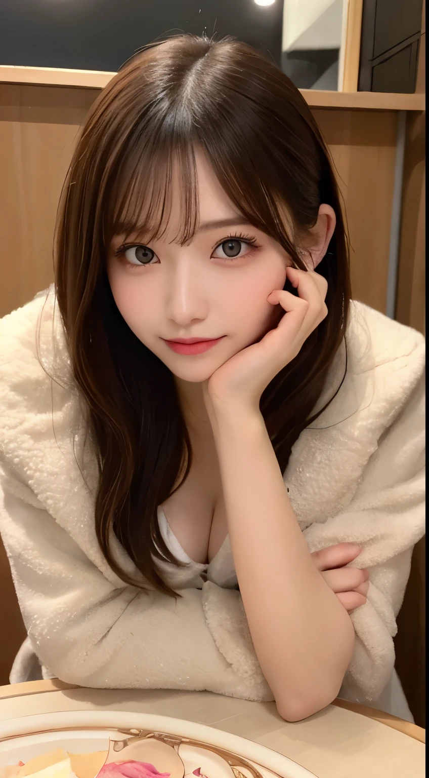 table top, highest quality, shape, Super detailed, finely, High resolution, 8k wallpaper, 完璧なダイナミックな構shape, beautiful and detailed eyes, straight hair, small breasts, natural color lip, random sexy pose,smile,20 year old girl、midnight、beautiful and detailed face、perfect and beautiful face,Big eyes、RAW photo、Expressing feminine poses with your whole body、beautiful and detailed eyes、small face、beautiful duplex、slim face and style,luxury brand mink coat(inner：winter dress)、beautiful golden ratio face,Twin Ponytail Hair,bright look,Photographed focusing on beautiful legs