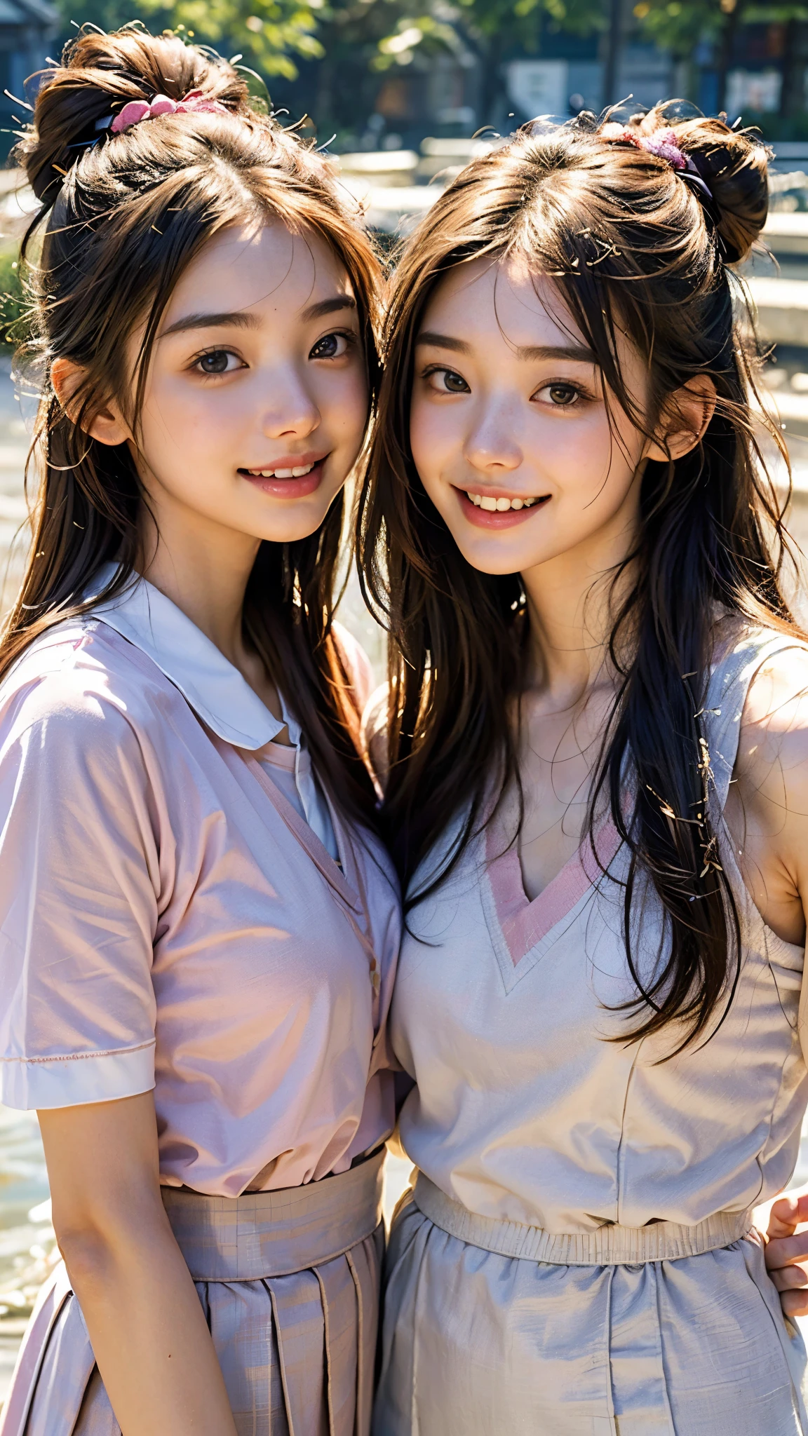 highest quality, masterpiece, ultra high resolution, (realistic:1.4), (portrait facing each other) RAW photo, 2 girls, 22 years ago,slender body,Medium chest,((winter school uniform)),((long hair bun hair)),((Hakone hot spring town)),((Eating sweets while walking),((looking up at the viewer)),(blush),saturation, contrast,((toothy smile)),