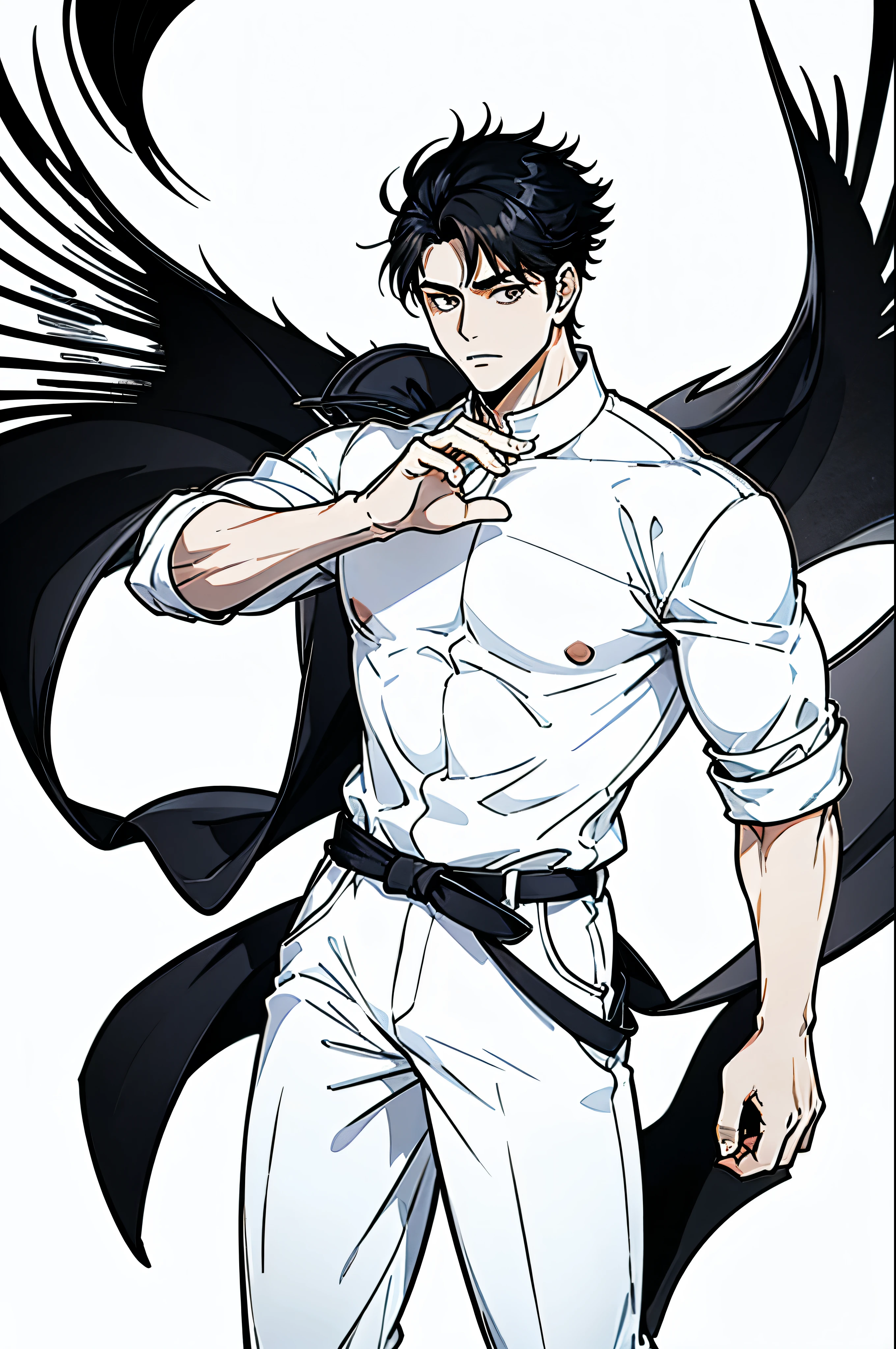 chef-d&#39;œuvre, Ultra détaillé, 4k, 8K, 32K, complexe, (((1garçon))), ((cheveux s)), ((pas de fond)), fond blanc, Yeux détaillés, chemise blanche et pantalon noiriforme scolaire, beau jeune homme, 20 ans, (((même personnage))), Pose dynamique, chèvres, mains anatomiquement correctes, holding chèvres, masse musculaire moyenne, vêtements modernes, vêtements détaillés, (corps mince), Hideaki Sorachi, Eau de Javel, tite kubKazuki yone, (((Coupe de cheveux élégante)))