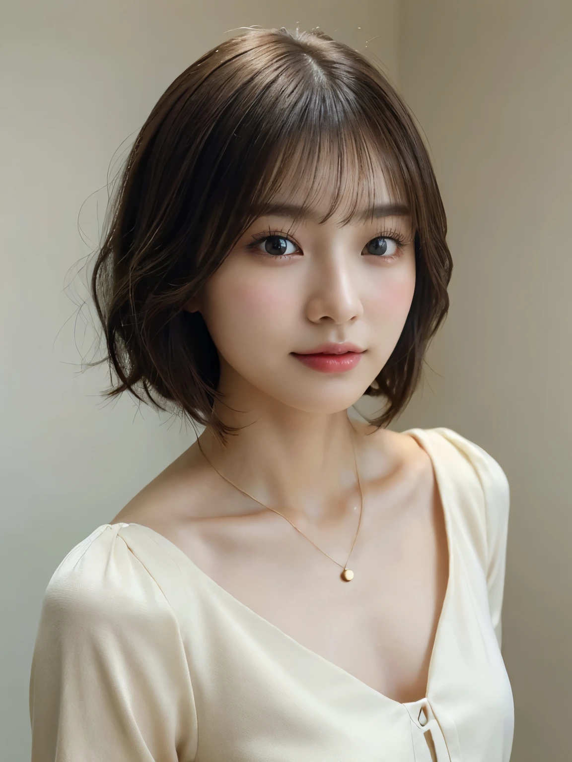 (highest quality、8K、32K、masterpiece、nffsw:1.2)、photo of cute japanese woman、Short bob hair that bounces outward, Reach shoulder length、Hair color is natural beige. thin, Faint bangs frame her forehead, Styling the hair around the face inward,、Upper body、Taken in front of a white wall、((pastel colored spring clothes、Long sleeve dresses))、surface focus、、necklace、From above、looking at the viewer、(8K、Raw photo、highest quality、masterpiece:1.2)、(realistic、Photoreal:1.37)、1 girl、Photo of a Japanese woman in her 30s、Shot in natural light、photon mapping、Physically based rendering、excellent image quality、High resolution、1080P、(clean face)、(Detailed facial description)、(detailed description of hands)、(Masseter muscle part)、(Detailed CG)、 hair is dirty、masterpiece、rich details、(exquisite features)、(best image quality)、(masterpiece)、(detailed eye)、looking forward to your eyes、delicate clavicle、Versatile poses、profile