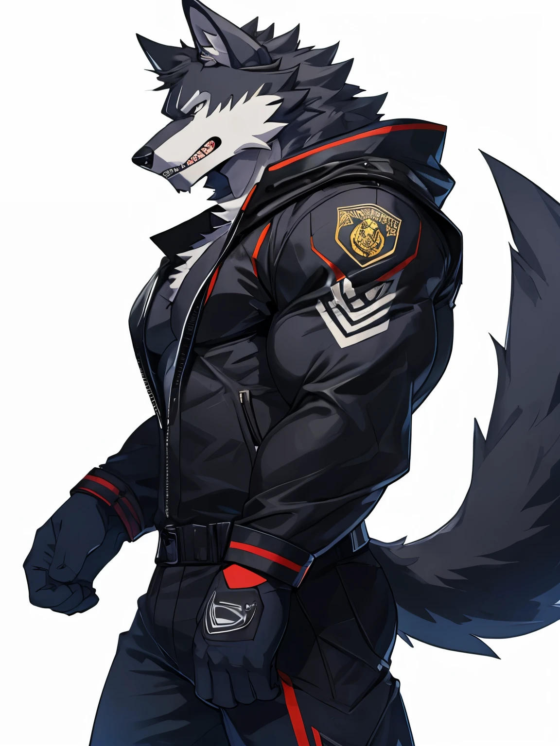 Wolf, good looking, male, anthro, bodyguard suit, ultradetailed, solo, muscles, simple background, white background, tail, obscured eyes, two-tone fur, sharp teeth, casual, cool pose,