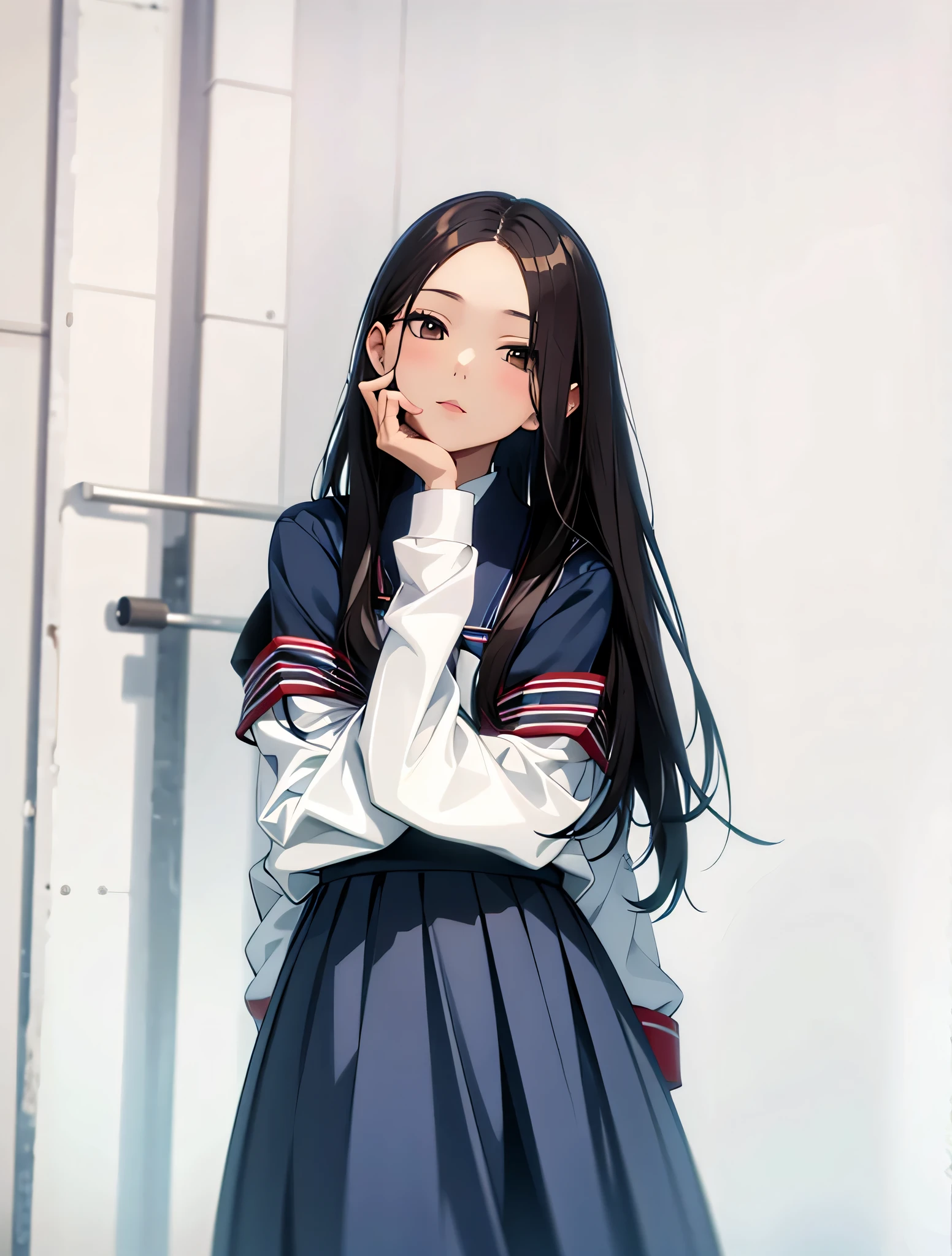 there is a woman that is posing for a picture in a skirt, Urzan, long hair, Wearing school uniform, 韩国girl,Chiho, Nam Jae Hwa, 低质量photo, Wearing school uniform, Wearing Japanese school uniform, Shoot with the best DSLR cameras, White background!!!!!!!!!!, 8k自拍photo,actual ,masterpiece, best quality, girl, miss, high resolution, portrait, photo_Light, {{}}, ulzzang-6500-v1.1:0.8
