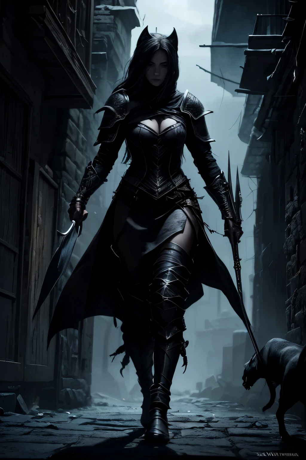 a group assassin of women in armor walking through a dark alley, with a big wild cats, society contest winner, fantasy art, dark fantasy style art, dark fantasy art, dark fantasy style, gothic fantasy art, elegant cinematic fantasy art, dark fantasy artwork, dark epic fantasy, in style of dark fantasy art, fantasy dark art, epic fantasy style