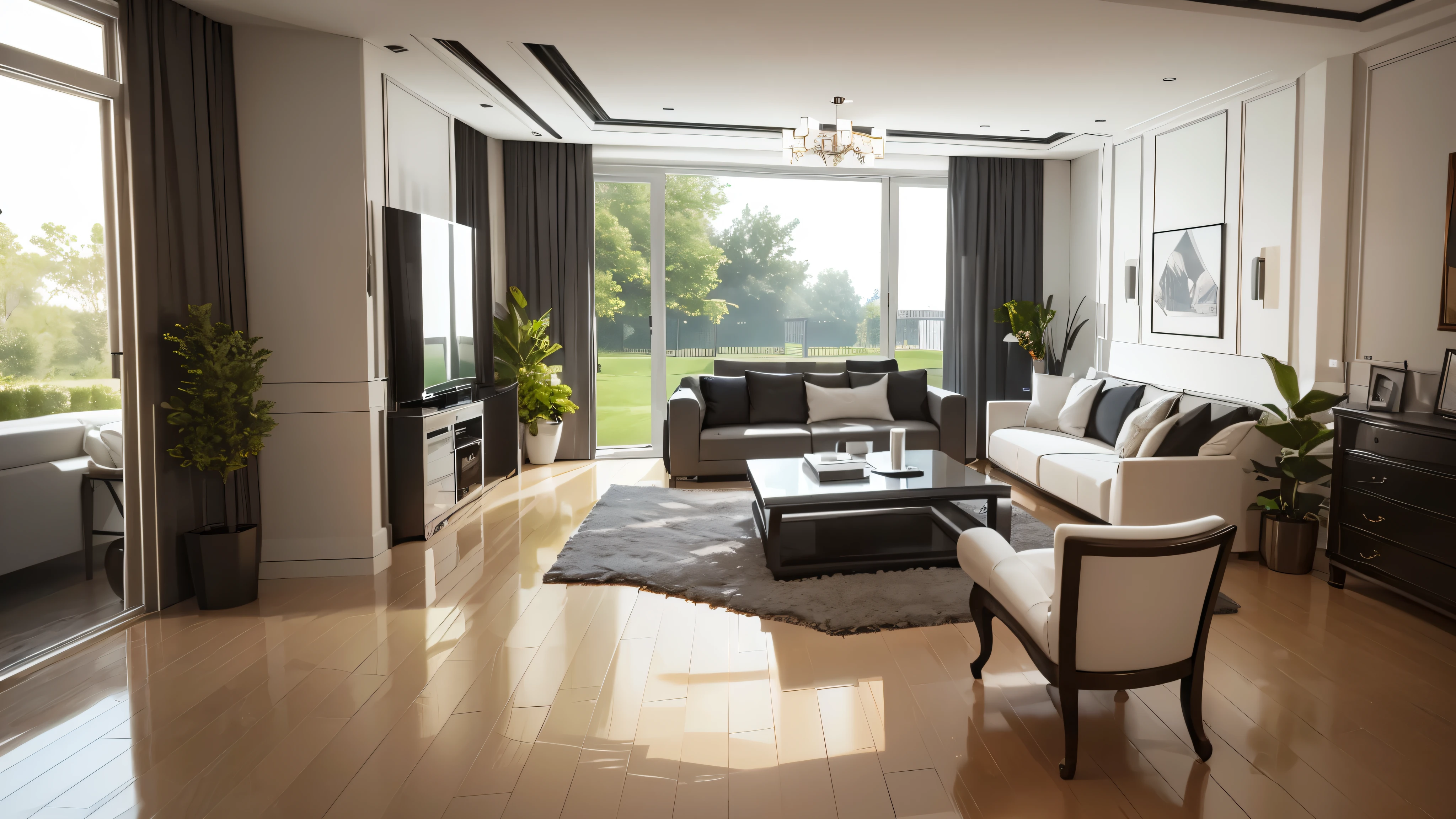 You are a famous interior designer、You have been asked to create a 3D image of a modern large room. Create a harmonious environment with modern and minimalist furniture. Including garden interior.