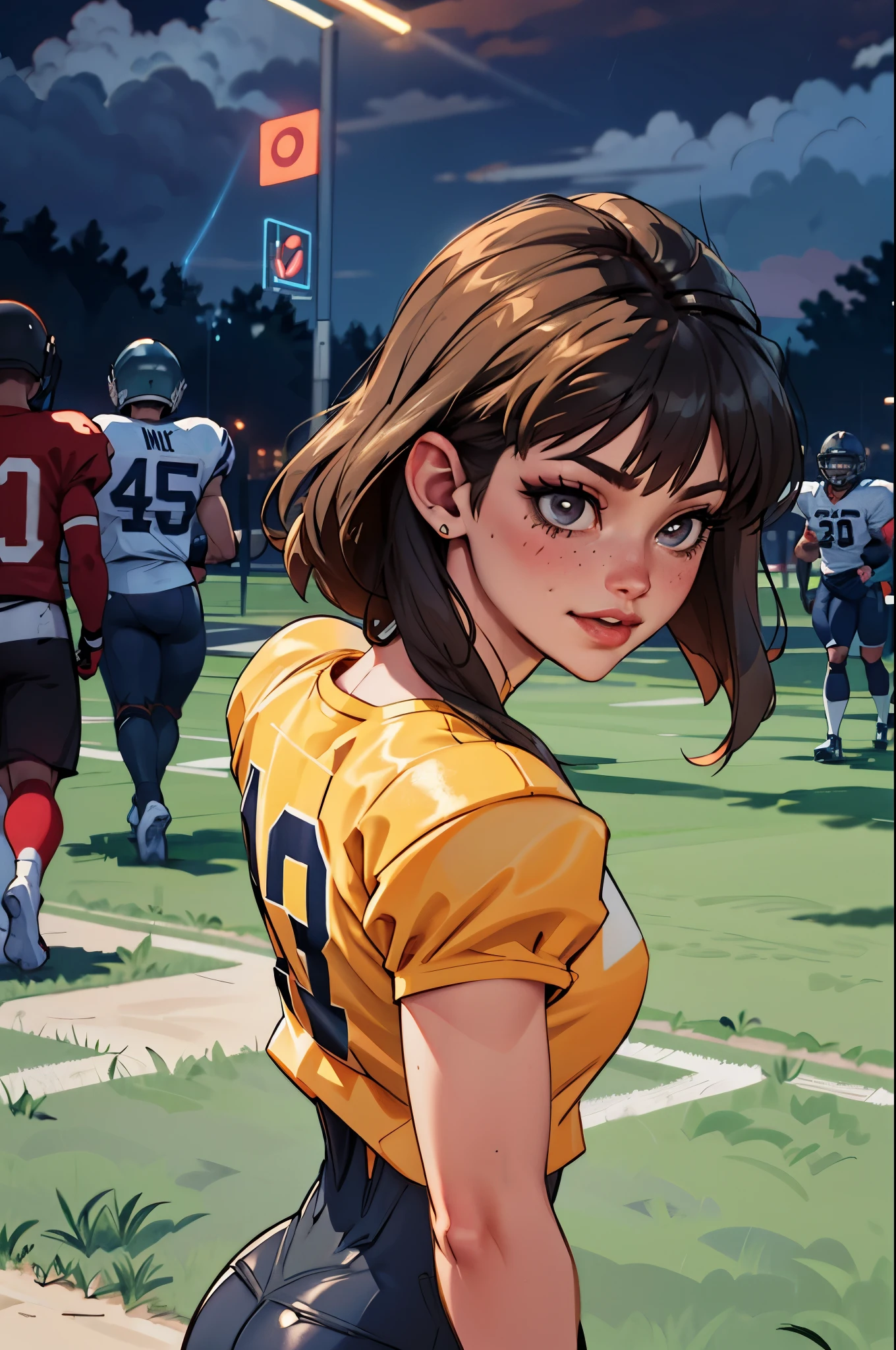 in PIT-Erotic-style style, (((top down view))), Bright ginger long and thick haired tomie, blunt bangs, (mole under eye:0.7), heavy freckled skin, thick lips, (wearing a Purple, Chromed and gold American Football Uniform with Padded football pants with logos), (muscular female:1.2), large breasts, large butt, running down a football field with football, at night with thunderstorm and rain, cheery and determined expression