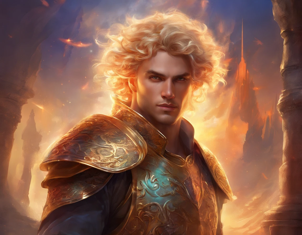 A narcissistic villain man with armor and curly blonde hair, (best quality, ultra-detailed, realistic:1.37) portrait, dramatic lighting, vivid colors, sharp focus, (concept artists) style