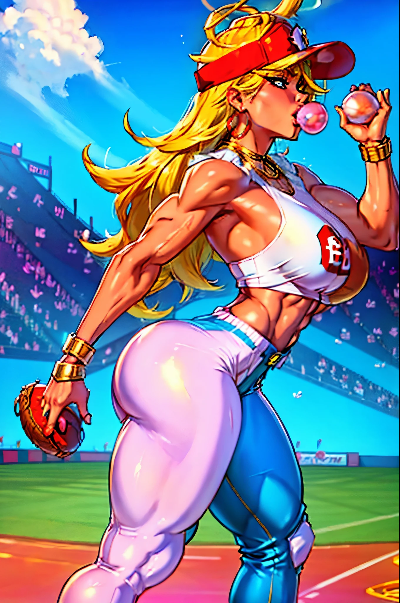 in PIT-Erotic-style style, 1980's, female, inflating anarchypanty, blonde, blue eyes, makeup, extra long hair, thick lips, earrings, halo, (blow bubble gum:1.2), (Baseball blue and gold uniform with pants), (blue and gold baseball cleats), (wearing bright red baseball batters cap), (muscle inflation:0.9), (bulky muscular legs), (bulky muscle:1.1), large butt, pleasurable look on face, standing on outdoor baseball home plate in all female sports stadium, (pitching baseball towards camera)