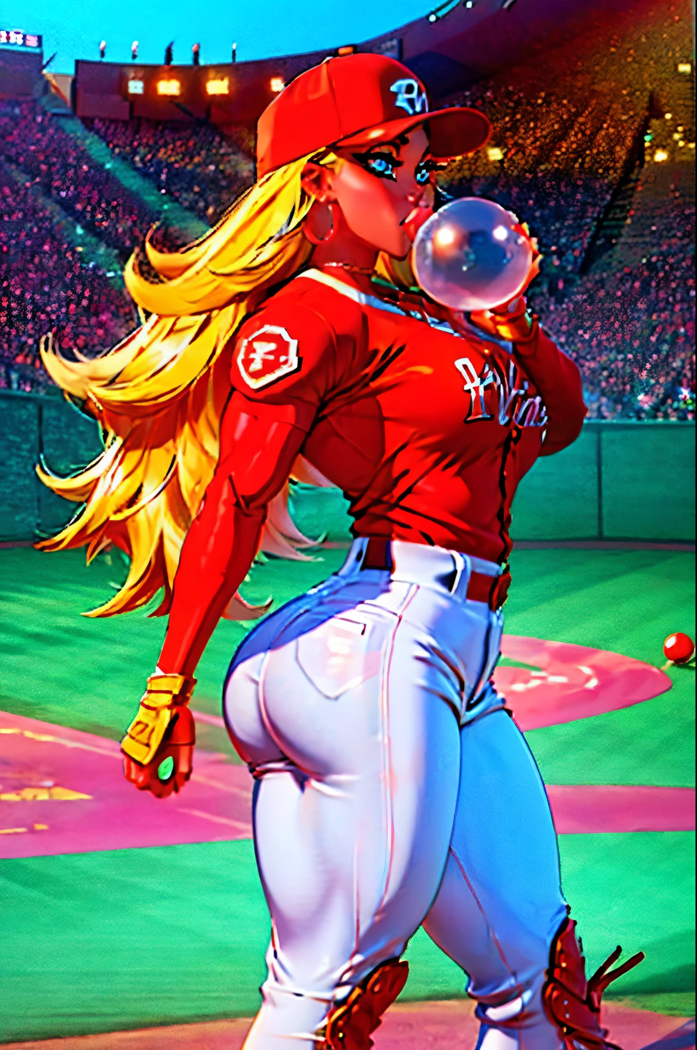 in PIT-Erotic-style style, 1980's, female, inflating anarchypanty, blonde, blue eyes, makeup, extra long hair, thick lips, earrings, halo, (blow bubble gum:1.2), (Baseball blue and gold uniform with pants), (blue and gold baseball cleats), (wearing bright red baseball batters cap), (muscle inflation:0.9), (bulky muscular legs), (bulky muscle:1.1), large butt, pleasurable look on face, standing on outdoor baseball home plate in all female sports stadium, (pitching baseball towards camera)