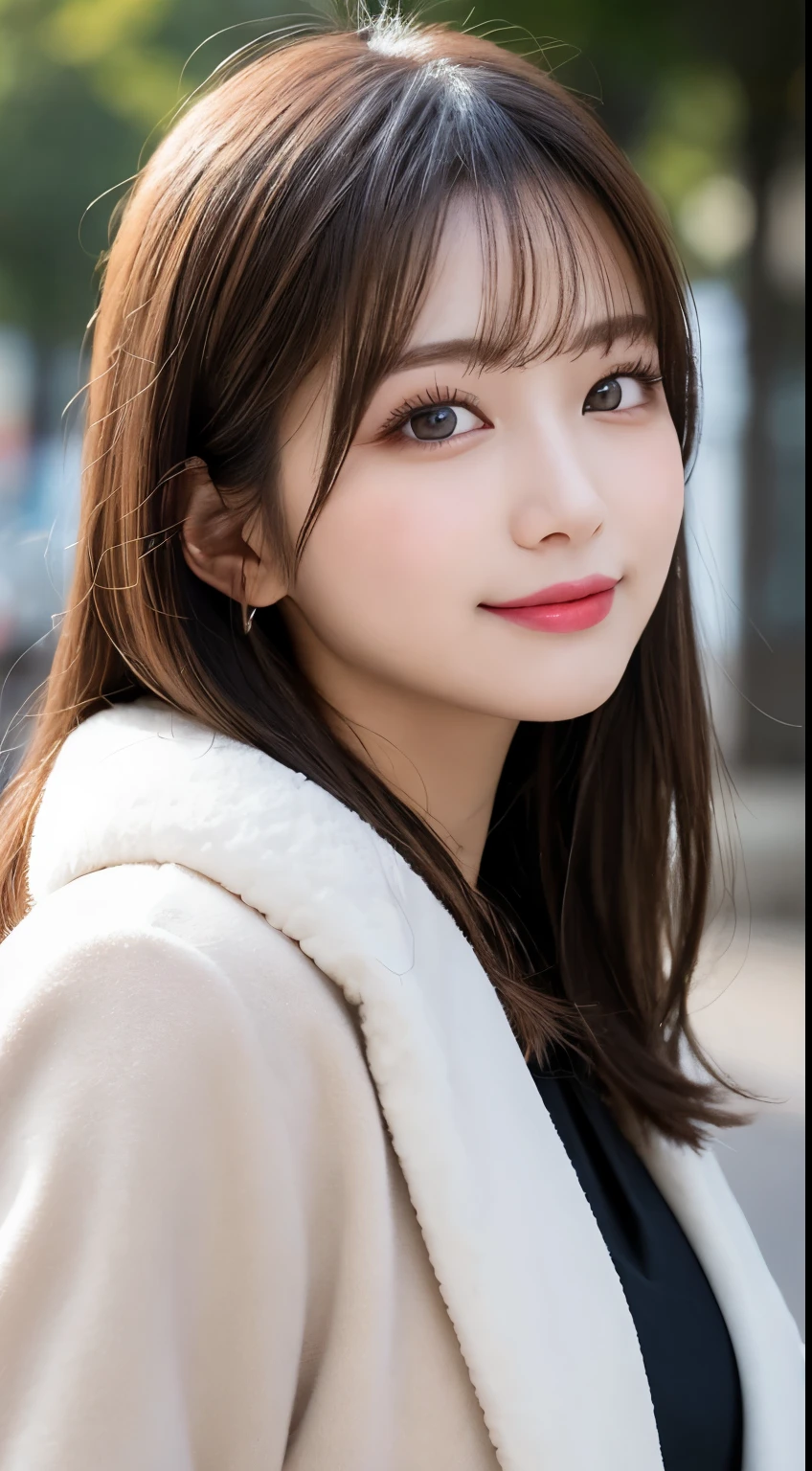 table top, highest quality, shape, Super detailed, finely, High resolution, 8k wallpaper, 完璧なダイナミックな構shape, beautiful and detailed eyes, Tokyo trend winter fashion(dress), small breasts, natural color lip, random sexy pose,cute smile、20 year old girl、beautiful and detailed face、perfect and beautiful face,Big eyes、Wearing a fluffy black luxury mink coat、beautiful detailed face、perfect and beautiful double eyelids、blur background、perfect and beautiful face、bright look、straight hair、Raise your chin and look up、Take a picture of a sideways face