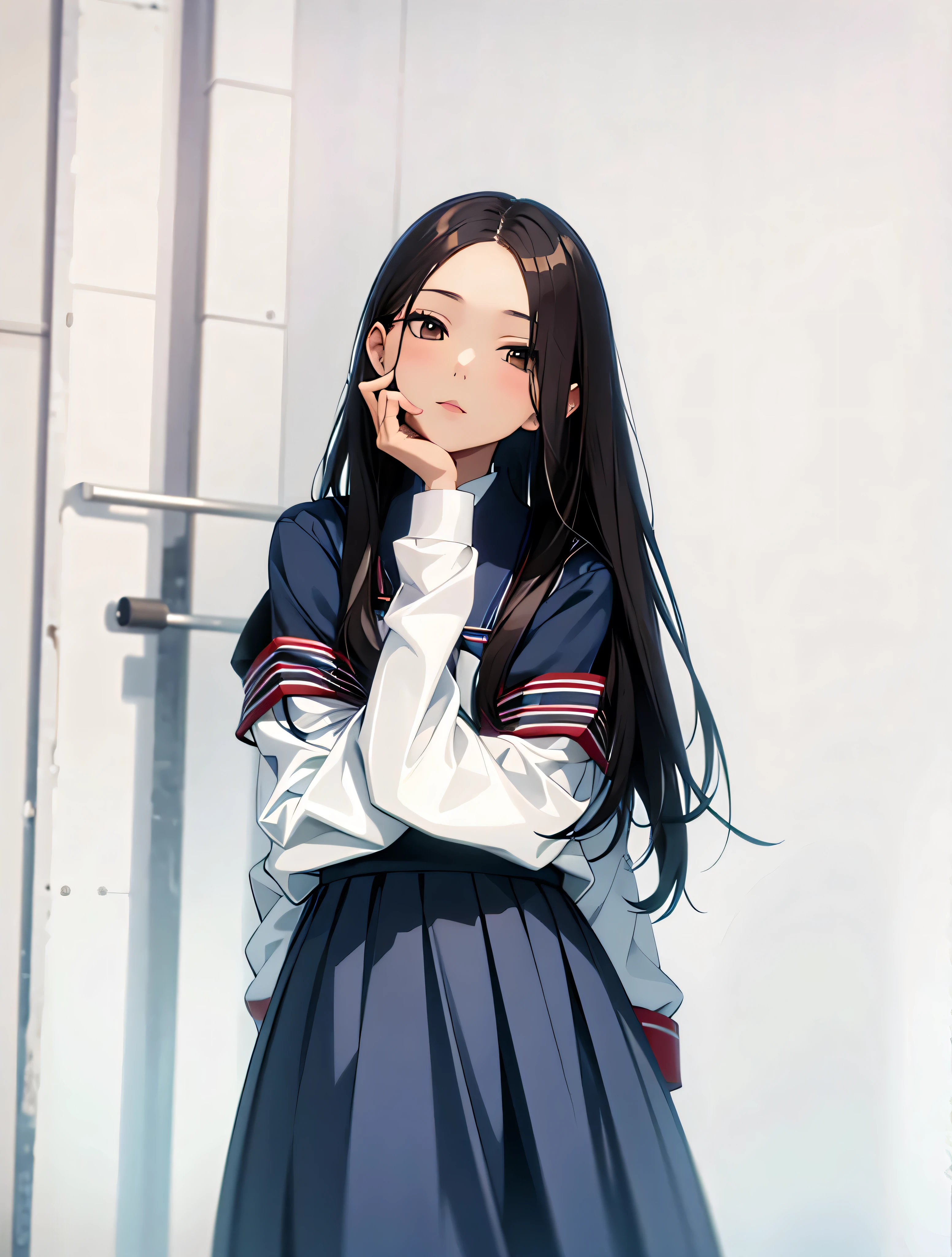 there is a woman that is posing for a picture in a skirt, Urzan, long hair, Wearing school uniform, 韩国girl,Chiho, Nan Zaihua, 低质量photo, Wearing school uniform, Wearing Japanese school uniform, Shoot with the best DSLR cameras, White background!!!!!!!!!!, 8k自拍photo,actual ,masterpiece, best quality, girl, miss, high resolution, portrait, photo_Light, {{}}, ulzzang-6500-v1.1:0.8