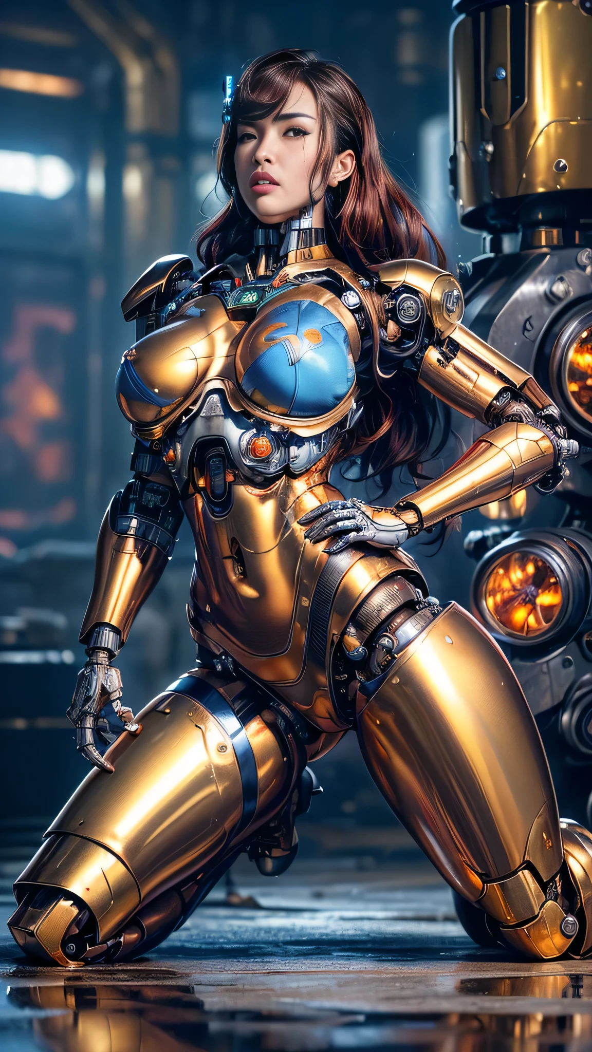 robot girl, humanoid robot, robot joint, huge breasts, knee shot