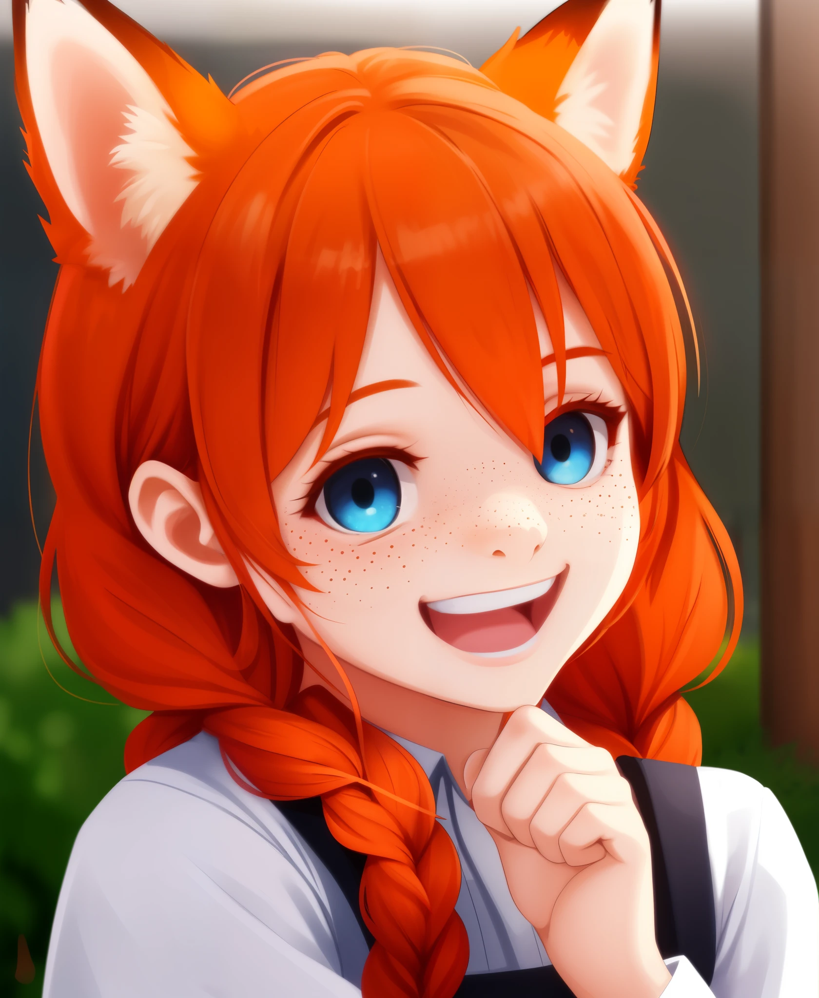 1girl, solo, red_fox_girl, anna, 1girl, blue eyes, freckles, twin braids, orange hair, red_fur, gleeful, (closed_eyes:0.4), happy, laughing,