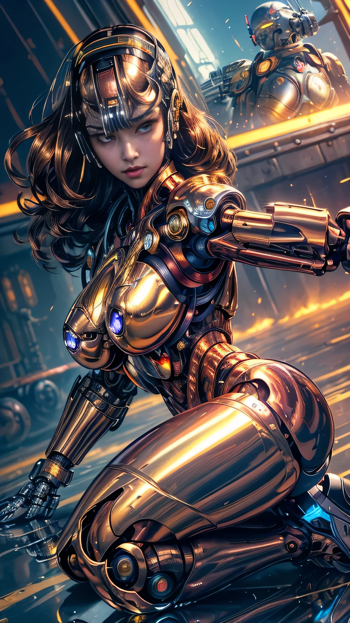 (Reality, Photorealistic: 1.37), (Maste Piece: 1.2), (Best Quality: 1.4), (Ultra High Resolution: 1.2), (Raw Photo: 1.2), (Breast Sharp Focus: 1.3), Vivid Details, Hyper Realistic, 1 Girl, Solo, Japanese Girl, (((Cyborg:1.4))), Cyborg Girl, Cyborg Armor, Cyborg Clothes, Beautiful Detailed Eyes, Fine Details, Bright Pupils, Brown Eyes, Full Body, ( big breasts), long curly hair, red hair, POV, female focus, puffy eyes, (dynamic pose: 1.4), (dynamic angle: 1.6), beautiful face, detailed face, perfect proportions , big breasts, thin waist, navel, big butt, crotch gap, thighs, open thighs, showing panties, exposed, fighting stance, fighting pose , running forward, running, (((((Golden shiny Metallic colors | Red metallic colors | Blue metallic colors))), (((metallic luster, metallic reflections, mechanical details, highly mechanical details, complex mechanical structures, reflections, refraction,))), ((( Mirrored power armor, Fallout 4, Fallout,))), battlefield, mechanized background, giant robot in the background, outdoors, cinematic lighting, cyberpunk world. Cyberpunk metropolis, neon, sci-fi style, sfw:1.98,