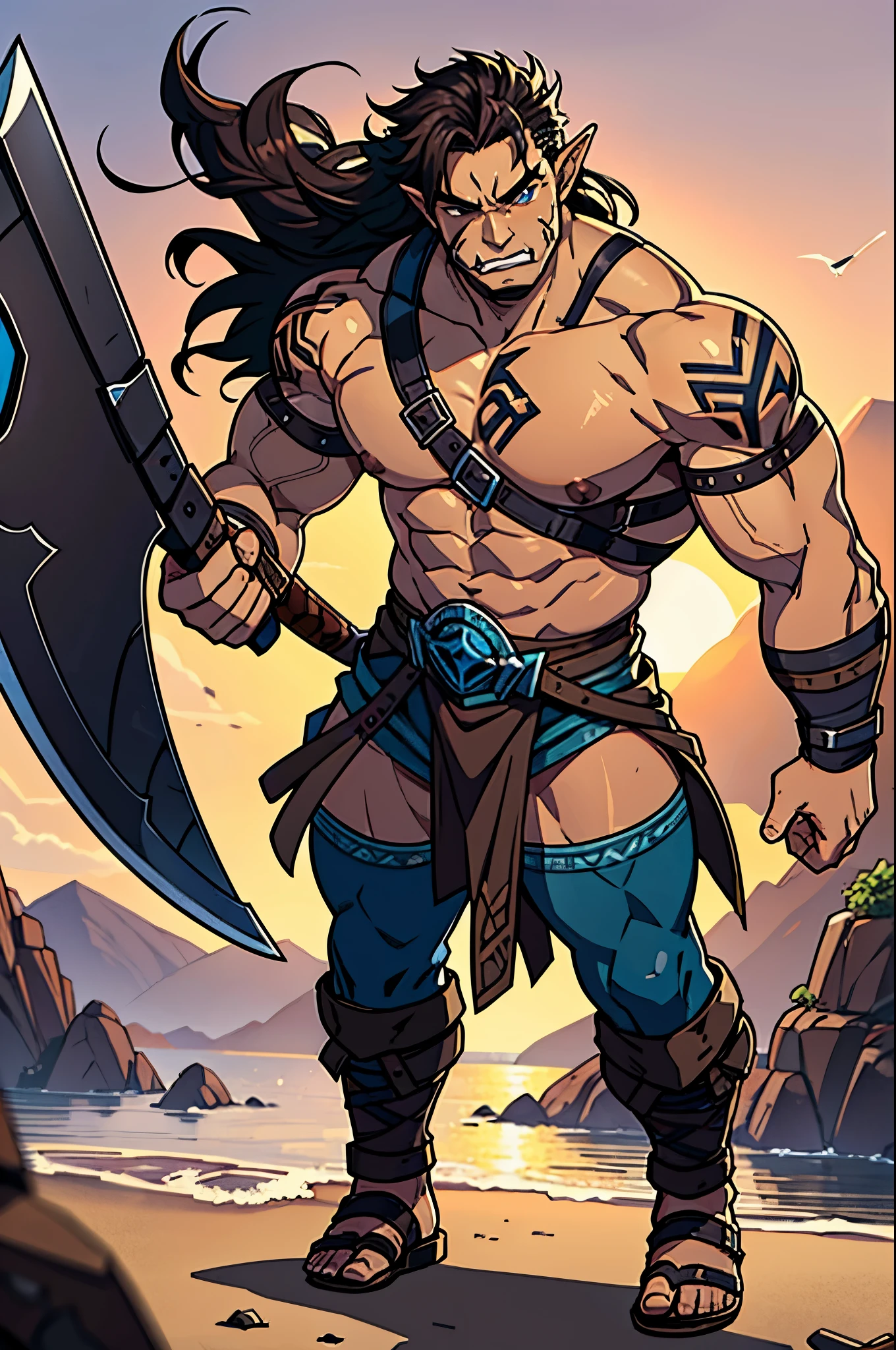 (best quality, masterpiece:1.2) (expressive eyes, perfect face), 1male, anime orc with dark brown skin, black wavy curly hair, bright blue eyes with intimidating expression, anime face, Samoan tattoos on his chest and down his arms, a tattoo vertical across the right eye, wielding a giant warriors axe over his shoulder, wearing leather shoulder armor, shirtless, a leather and metal waistband with Roman strap sandals, standing stoic on an island in the sunset 