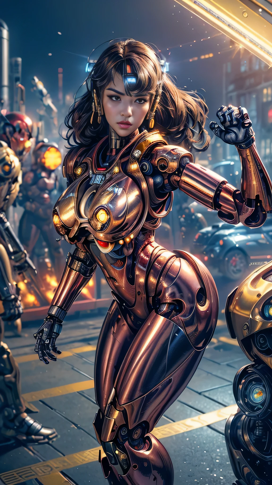 (Reality, Photorealistic: 1.37), (Maste Piece: 1.2), (Best Quality: 1.4), (Ultra High Resolution: 1.2), (Raw Photo: 1.2), (Breast Sharp Focus: 1.3), Vivid Details, Hyper Realistic, 1 Girl, Solo, Japanese Girl, (((Cyborg:1.4))), Cyborg Girl, Cyborg Armor, Cyborg Clothes, Beautiful Detailed Eyes, Fine Details, Bright Pupils, Brown Eyes, Full Body, ( big breasts), long curly hair, red hair, POV, female focus, puffy eyes, (dynamic pose: 1.4), (dynamic angle: 1.6), beautiful face, detailed face, perfect proportions , big breasts, thin waist, navel, big ,  gap, thighs, open thighs, showing panties, exposed, fighting stance, fighting pose , running forward, running, (((((Golden shiny Metallic colors | Red metallic colors | Blue metallic colors))), (((metallic luster, metallic reflections, mechanical details, highly mechanical details, complex mechanical structures, reflections, refraction,))), ((( Mirrored power armor, Fallout 4, Fallout,))), battlefield, mechanized background, giant robot in the background, outdoors, cinematic lighting, cyberpunk world. Cyberpunk metropolis, neon, sci-fi style, sfw:1.98,