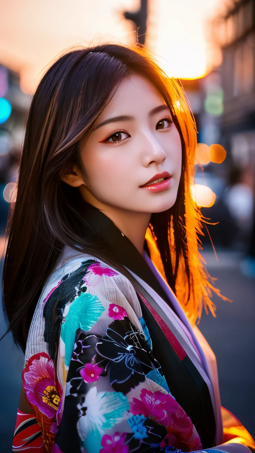 Beautiful Japanese supermodel woman, A lock of hair with slight highlights, black eyes, mixed media, Sexy，street background，Gorgeous kimono , Liquid color flows across her face, sunset，Photographed by Wang Luodan，god of wealth