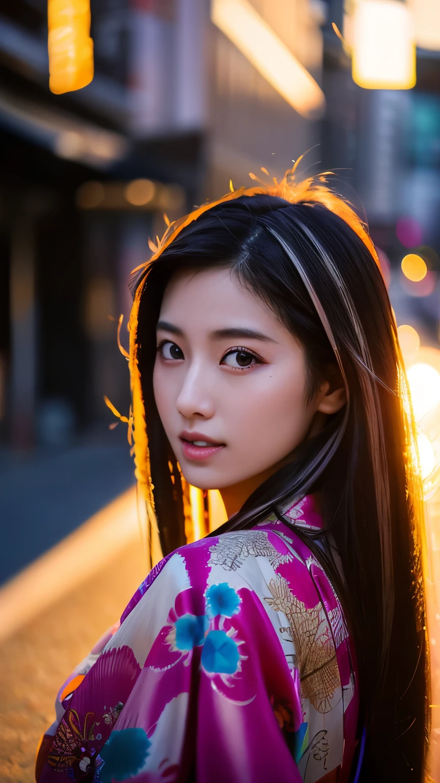 Beautiful Japanese supermodel woman, A lock of hair with slight highlights, black eyes, mixed media, Sexy，street background，Gorgeous kimono , Liquid color flows across her face, sunset，Photographed by Wang Luodan，god of wealth