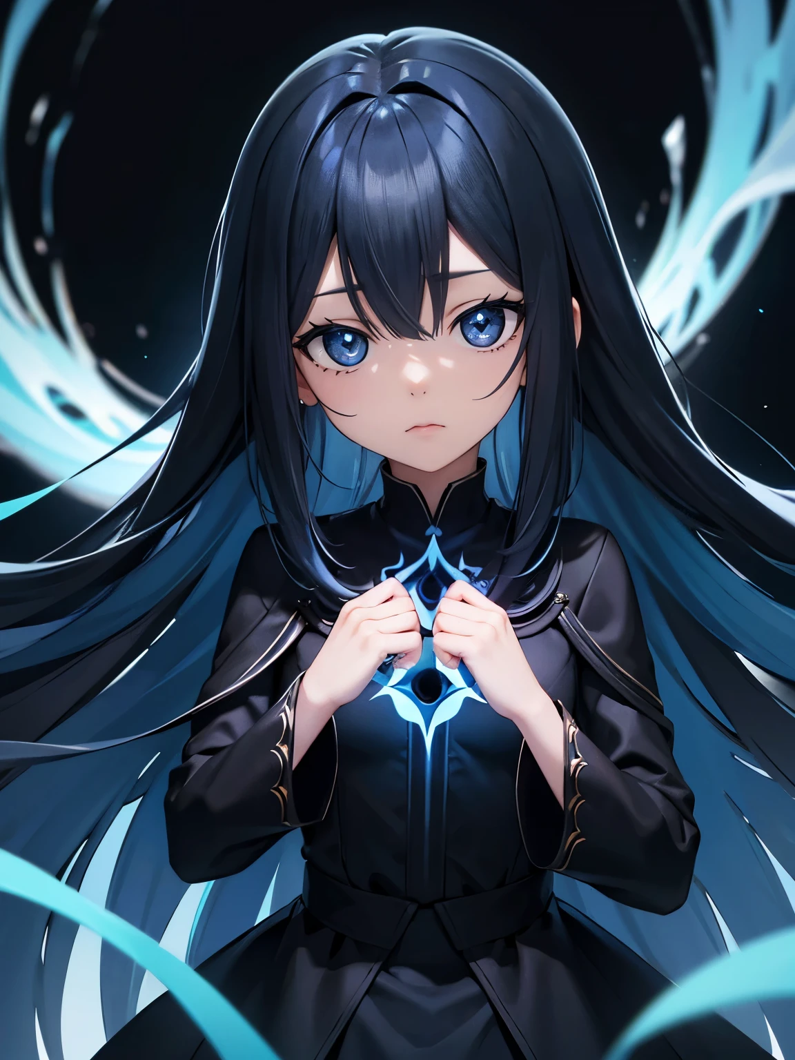 Long hair, mixed skin, blue hair, black eyes, black irises, black pupils, black gown, kuudere, blank expression, light blue hair, black background, black hole, void, paradox, special effects, aura, blue