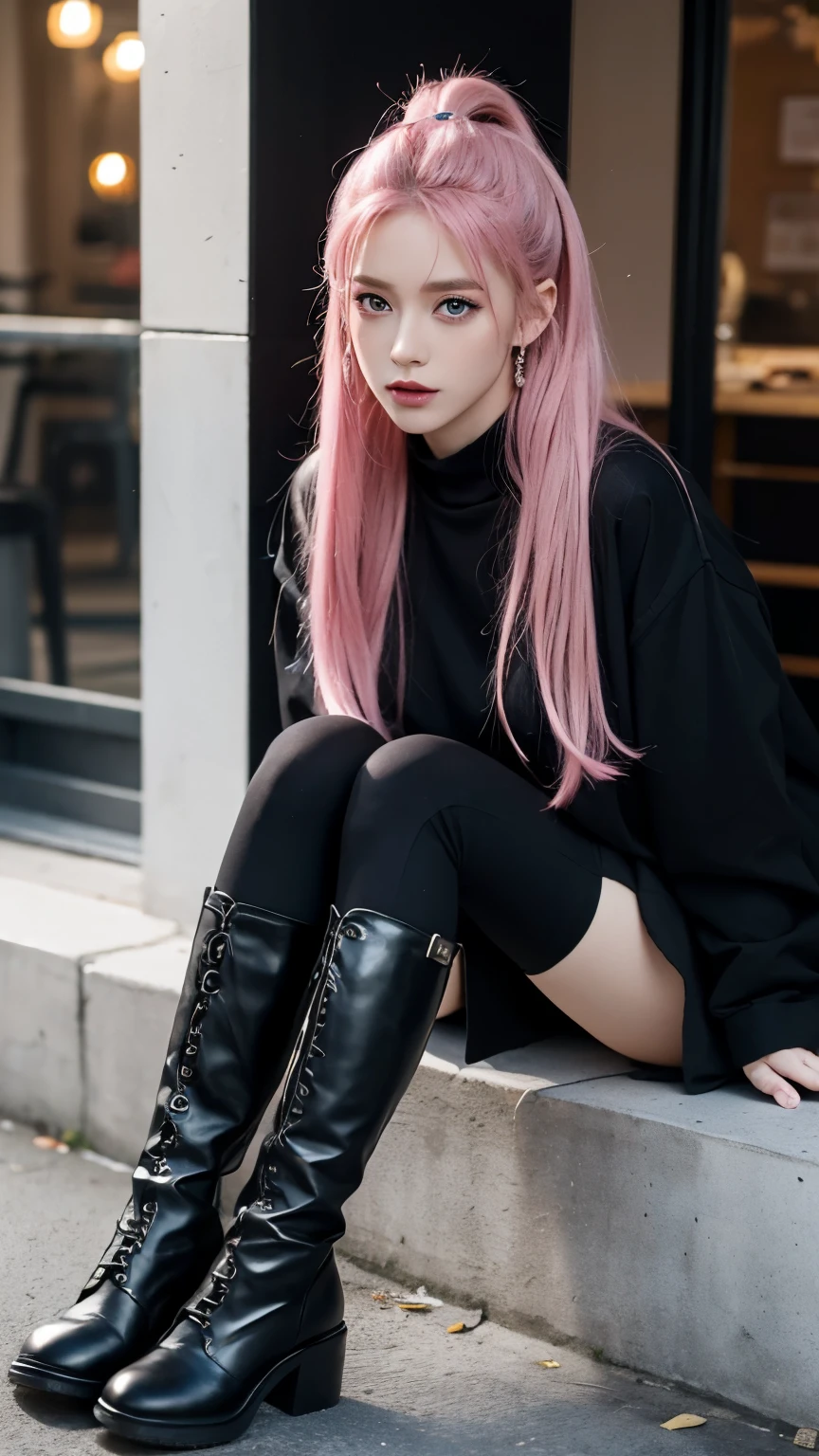 masterpiece, best quality, pink hair, pink eyes,, masterpiece, best quality,black clothes，Black boots