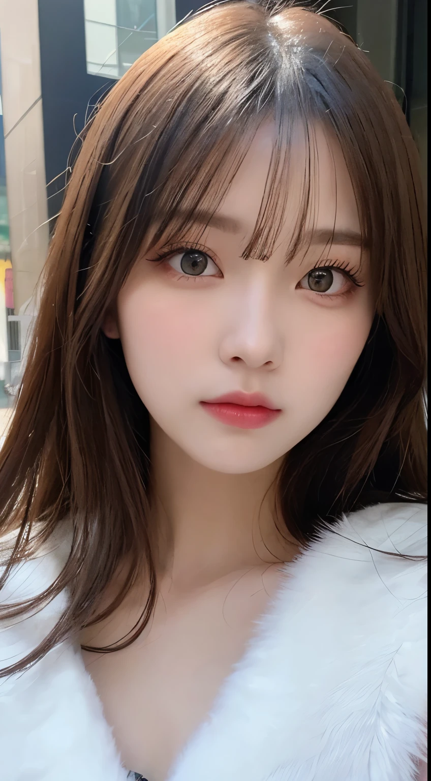 table top, highest quality, shape, Super detailed, finely, High resolution, 8k wallpaper, 完璧なダイナミックな構shape, beautiful and detailed eyes, Gorgeous winter fashion using fur,straight hair,small breasts、natural color lip,20 year old girl、cute、Sexy looking at camera,beautiful detailed face,perfect and beautiful face,KPOP idol face,japan idol face,elegant face,RAW photo,Big eyes,gal makeup,Blur background