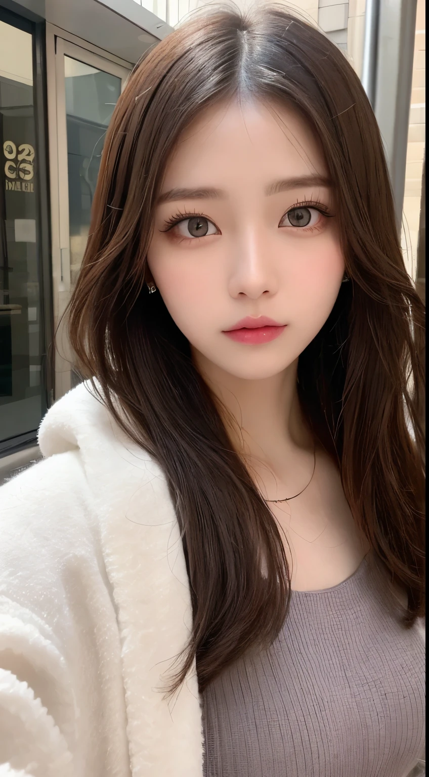 table top, highest quality, shape, Super detailed, finely, High resolution, 8k wallpaper, 完璧なダイナミックな構shape, beautiful and detailed eyes, Gorgeous winter fashion using fur,straight hair,small breasts、natural color lip,20 year old girl、cute、Sexy looking at camera,beautiful detailed face,perfect and beautiful face,KPOP idol face,japan idol face,elegant face,RAW photo,Big eyes,gal makeup,Blur background