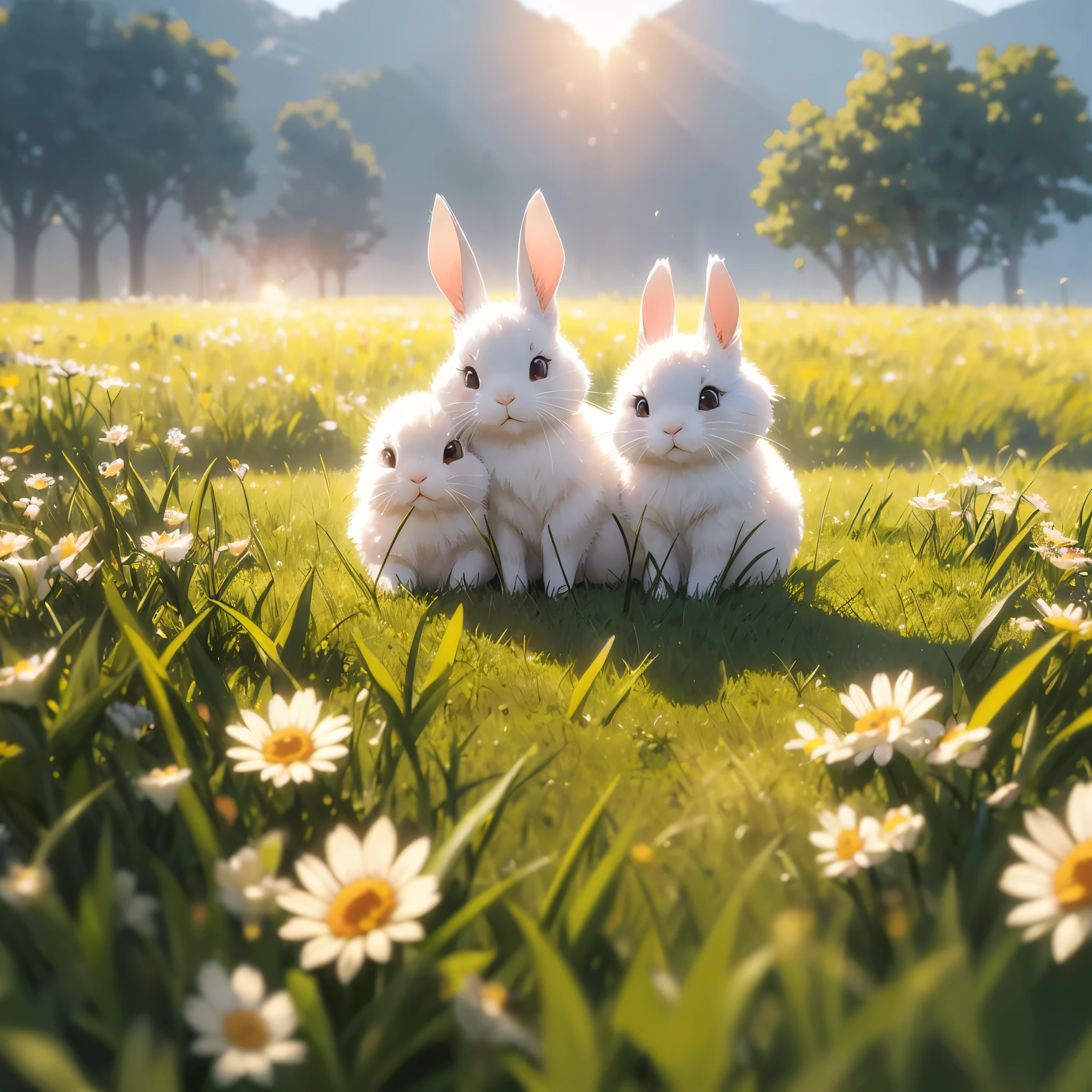 （sunny day），Close up photo of 3 rabbits in enchanted grass，clean backdrop，depth of fields，large aperture，photography of，during night，volume fog，Halo，blooms，sunny day，at centre，the rule of thirds，200 mm 1.4F macro shooting