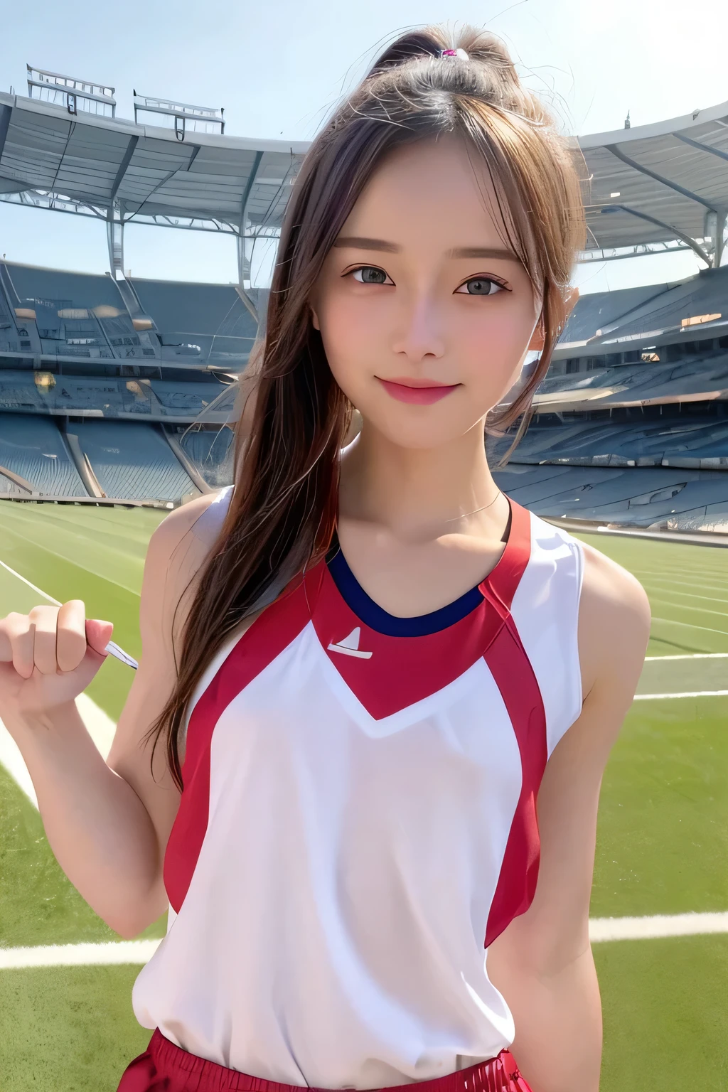 pieces fly、masterpiece、highest quality、Super detailed、High resolution、High resolution、8K portrait、unity 8k wallpaper、Detailed CG、unity 8k wallpaper、Detailed CGユニティ8kの壁紙、realistic、real person、portrait photography、shiny skin、(cute:1.4)、(28 years old:1.2)、High resolution、beautiful clear eyes、very detailed explanation、delicate face、nice lips、thin waist、thin legs、1 girl、(smile)、(athletics stadium:1.4)、(small breasts:1.4)、(Colorful sleeveless track and field uniform:1.3)、(My nipples hurt:1.2)