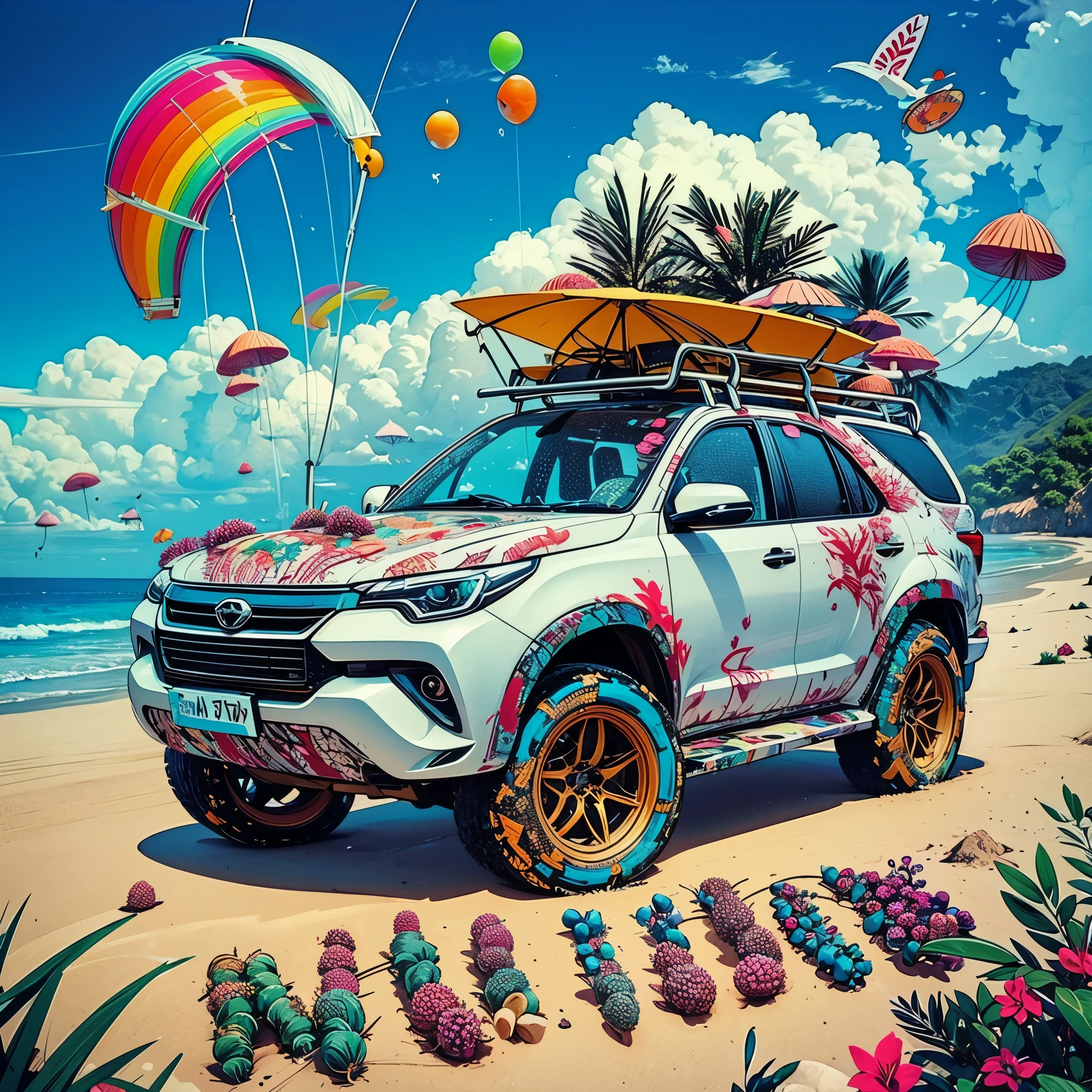 (Masterpiece, Best Quality), white toyota fortuner, surfboard on top, driving down a beach, The car is covered in various mushrooms and fruits and dragon fruits, The plants are scattered all over the car, Sport kite is flying on the distance behind the car, Tropical landscape, Written word "Mui Ne" on foreground, 8k Wallpaper, highly detailed, poster, ((stickers)),white background,simple background,concept art,sots art