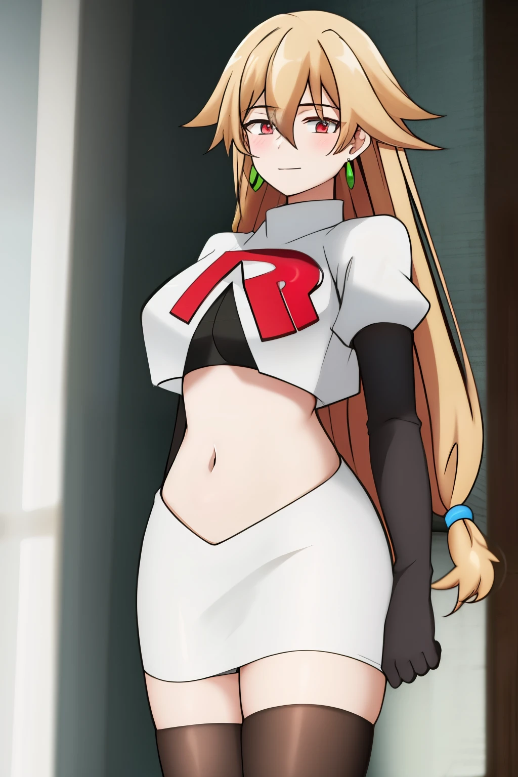 hulemy, 1girl, solo, long_hair, looking_at_viewer, blush, bangs, blonde_hair, brown_hair, red_eyes, hair_between_eyes, jewelry, very_long_hair, earrings, stud_earrings, team rocket,team rocket uniform,white skirt,crop top,black thigh-highs,black elbow gloves