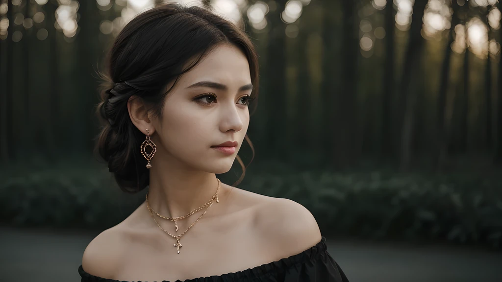 Medium shot of a woman with a thoughtful expression, Wearing darkness, off shoulder dress and single, Statement Jewelry, The background is out of focus、Features must be soft, warm tones, 1 female, The background is nature,