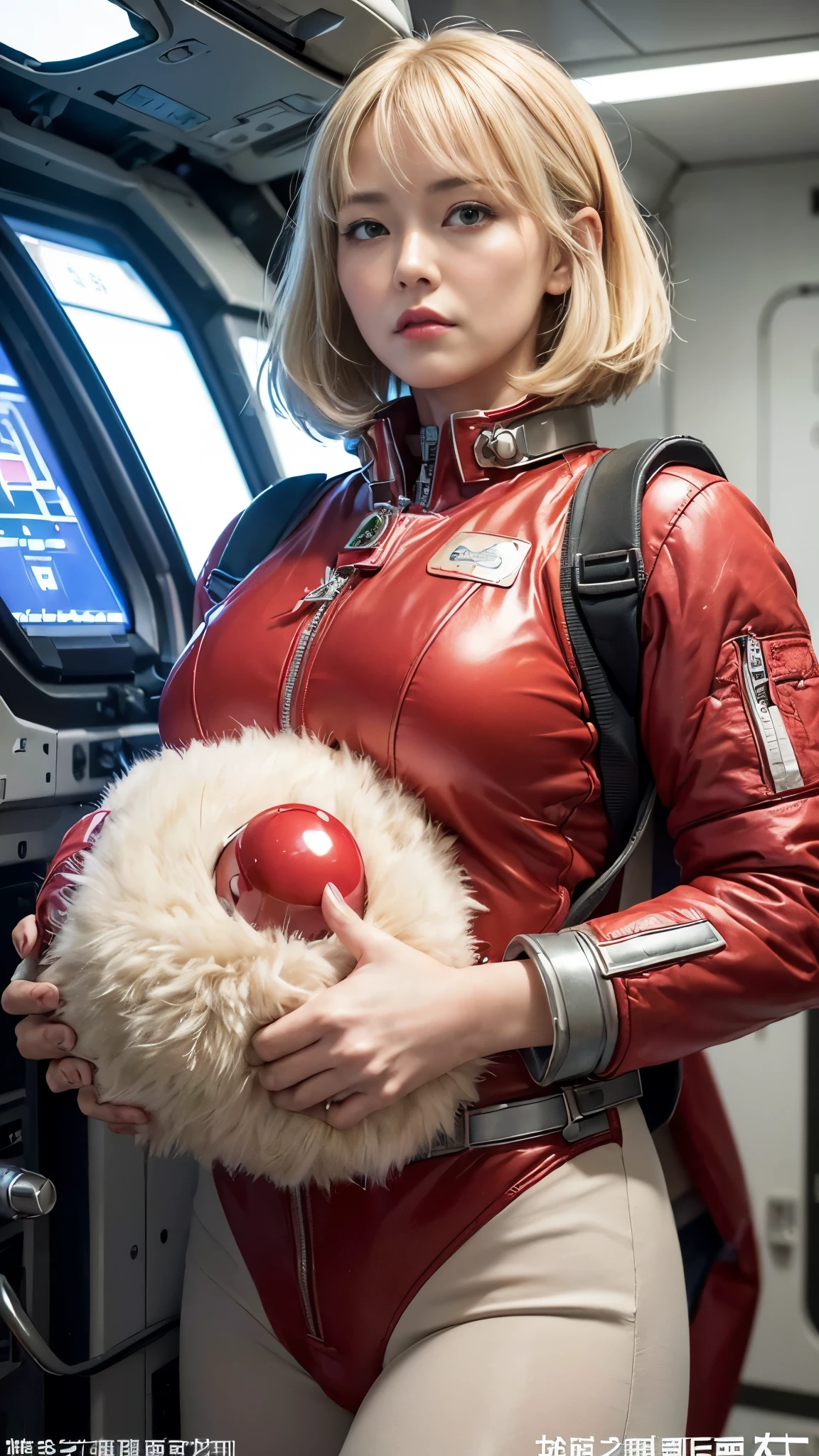 (hyper real)、future female pilots、
Huge　Beautiful woman　High level image quality　High resolution　realistic　short hair　blonde、　blondeの女性、mature woman、middle-aged women、((big big skin texture、超High resolution、realistic、Chubby body type、angry face、beauty of middle age、beautiful expression、Detailed green ironed fluffy hair、Kamimei、Very delicate and delicate skin texture、３５A woman piloting a giant space station)、female pilot batlight red lips、((Wear a red flight suit))、(((alone)))、