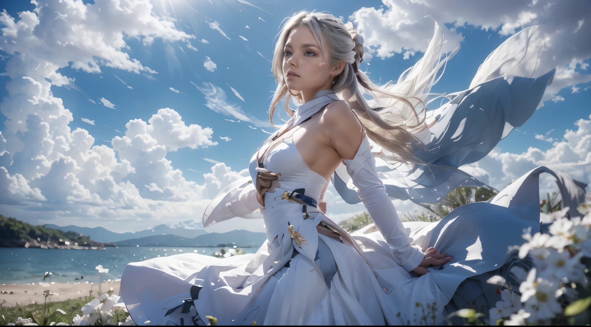 masterpiece, Best quality,1 girl, world (Genshin's influence), One, sky, worldлые волосы, hair flower, flower, cloud, dress, hair ornament, white dress, blue sky, medium breasts, cut off sleeves, scarf, on open air, bare shoulders, white scarf, day, short hair with long locks, From Side, short hair, cloudy sky, Bang, white flower, medium breasts, Upper body, side locks, white sleeves, Without sleeves,kbxll, lying on the sofa at full height