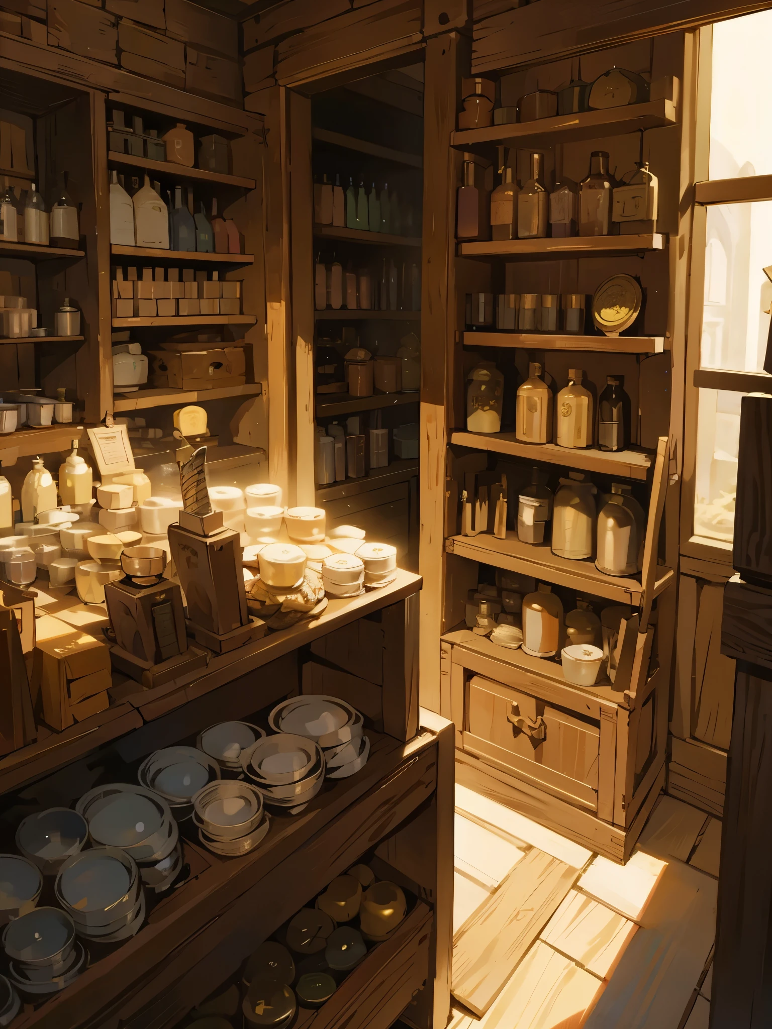 Medieval shop with swords and gold coins.
