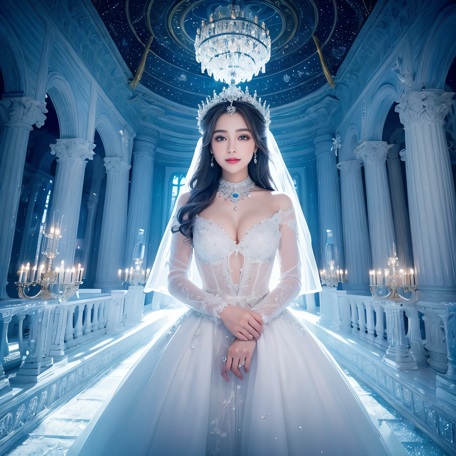 ((highest quality、table top、8K、best image quality、extremely complex and detailed depiction))、one snow princess、(Snow Maiden in the most luxurious palace made of ice:1.1)、(The most elaborate and luxurious sparkling ice palace cathedral:1.2)、(Inside the most fantastic giant palace made of ice:1.2)、(The most fantastic cathedral made of intricate glowing ice:1.2)、(beautiful transparent ice:1.1)、The background is a detailed ice palace、beautiful domed ceiling、(A palace made of intricately shining transparent ice:1.2)、(Elegant palace columns made of ice and crystal:1.05)、(Symmetrical composition when viewed from the front:1.2)、jeweled palace、Inside the symmetrical palace、(very romantic:1.05)、sacred and mysterious palace、(Filled with fantastic light blue light:1.1)、Beautiful shining crystal、The most luxurious and highest quality giant tiara、The most luxurious and highest quality giant necklace、[big breasts]、(skin as white as snow:1.05)、glowing skin、(A glittering silver-white jeweled dress of the highest quality:1.1)、Elegant and beautiful pure white snow dress、elegant decoration、Diamond Decoration、artistic decoration、Luxury beyond imagination、the most luxurious decoration in the world、pure white makeup、Dresses that shine in silver、jewelry embellishments、Luxury beyond imagination、the most luxurious decoration in the world、Diamond dust、The most realistic and complex backgrounds、Highly detailed and realistic background、the best smile when you look at me、(beautiful snow is falling:1.05)、(Princess upper body photo:1.2)、(blurred background:1.1)、(mysterious fairy tale fog:1.15)、beautiful silver light blue hair、amazing movie lighting effects、Natural forehead、Complex and detailed background、the most delicate shine、Backgrounds with depth、low contrast、(Surrounded by a fantastic soft light:1.1)