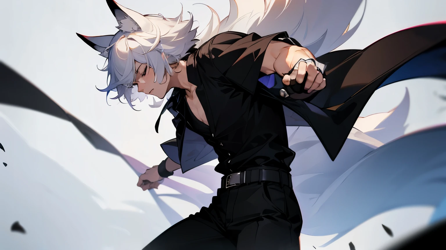 Male, mature adult, black pants, black attire, fluffy and furry coat, very tight button-up shirt, short sleeves, broad shoulders, black belt, short and fluffy hair, white hair, fox ears, bands on wrist, strong and toned body, mature face, closed eyes