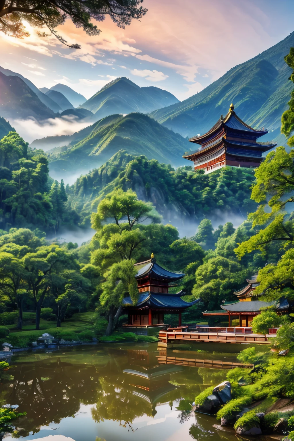 (ultra-detailed), (best quality,4k,8k,highres,masterpiece:1.2), (realistic,photorealistic,photo-realistic:1.37), HDR, UHD, professional, vivid colors, bokeh, oil painting, ancient Chinese castle, ancient architecture, magnificent castle, grandeur, majestic, traditional chinese style, stone walls, curved roofs, intricate carvings, serene garden, blooming flowers, beautiful landscape, tranquil atmosphere, misty mountains, winding river, lush trees, heaven-reaching pagoda, wooden bridge, reflective lake, peaceful ambiance, warm sunlight, soft shadows, cultural heritage, historical landmark, centuries-old, sense of history, traditional courtyard, traditional Chinese characters, harmonious composition, rich cultural symbols, artistic representation.