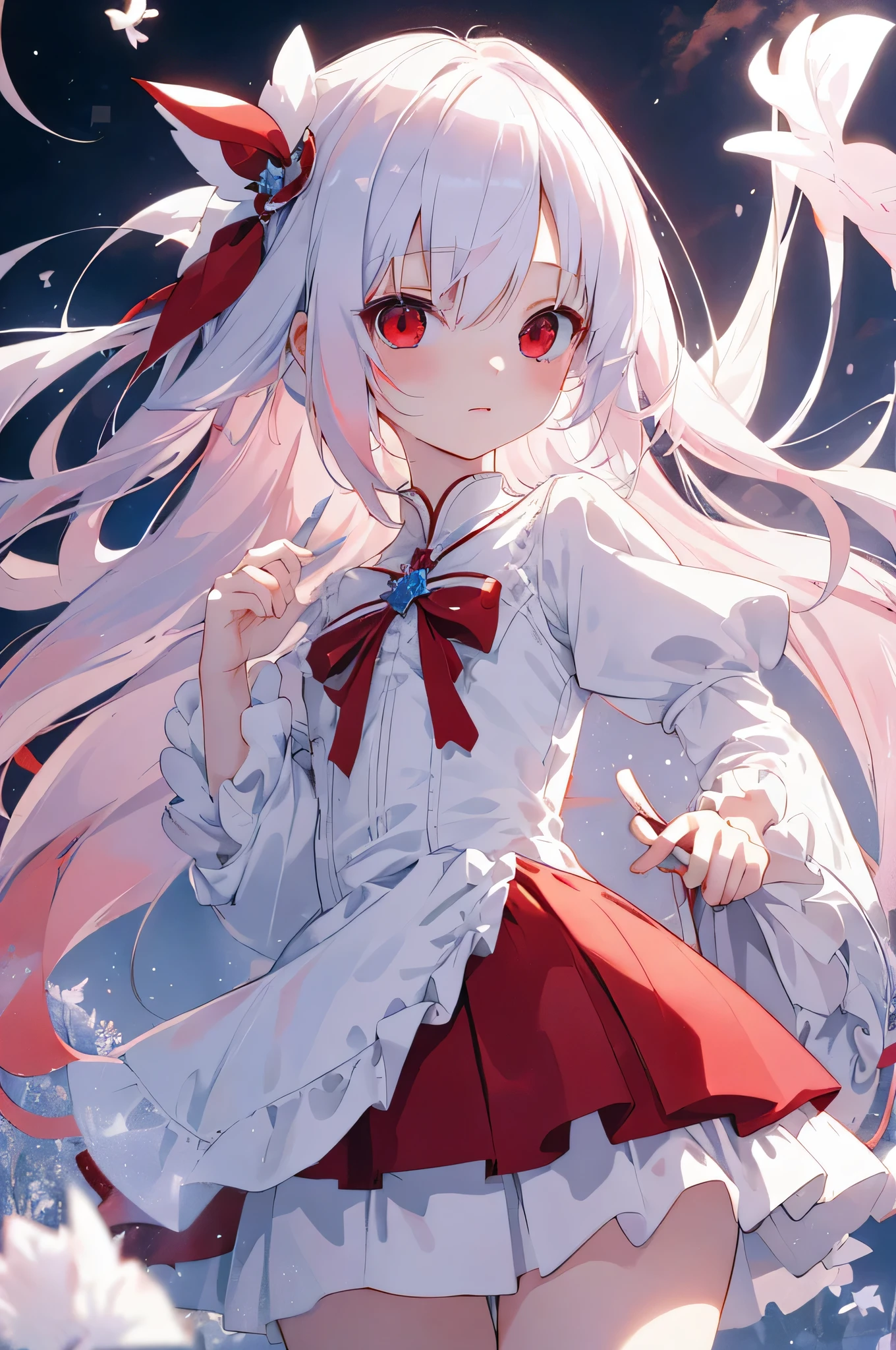 beautiful illustration, Best quality, Cute , (convert sequence), transform a magical girl, chibi, white magical girl, fractal art, albino, 's face, long pure white and red net hair, Beautiful detailed red eyes, cinematic lighting, cowboy shot, Looking at the viewer, from below, Happy