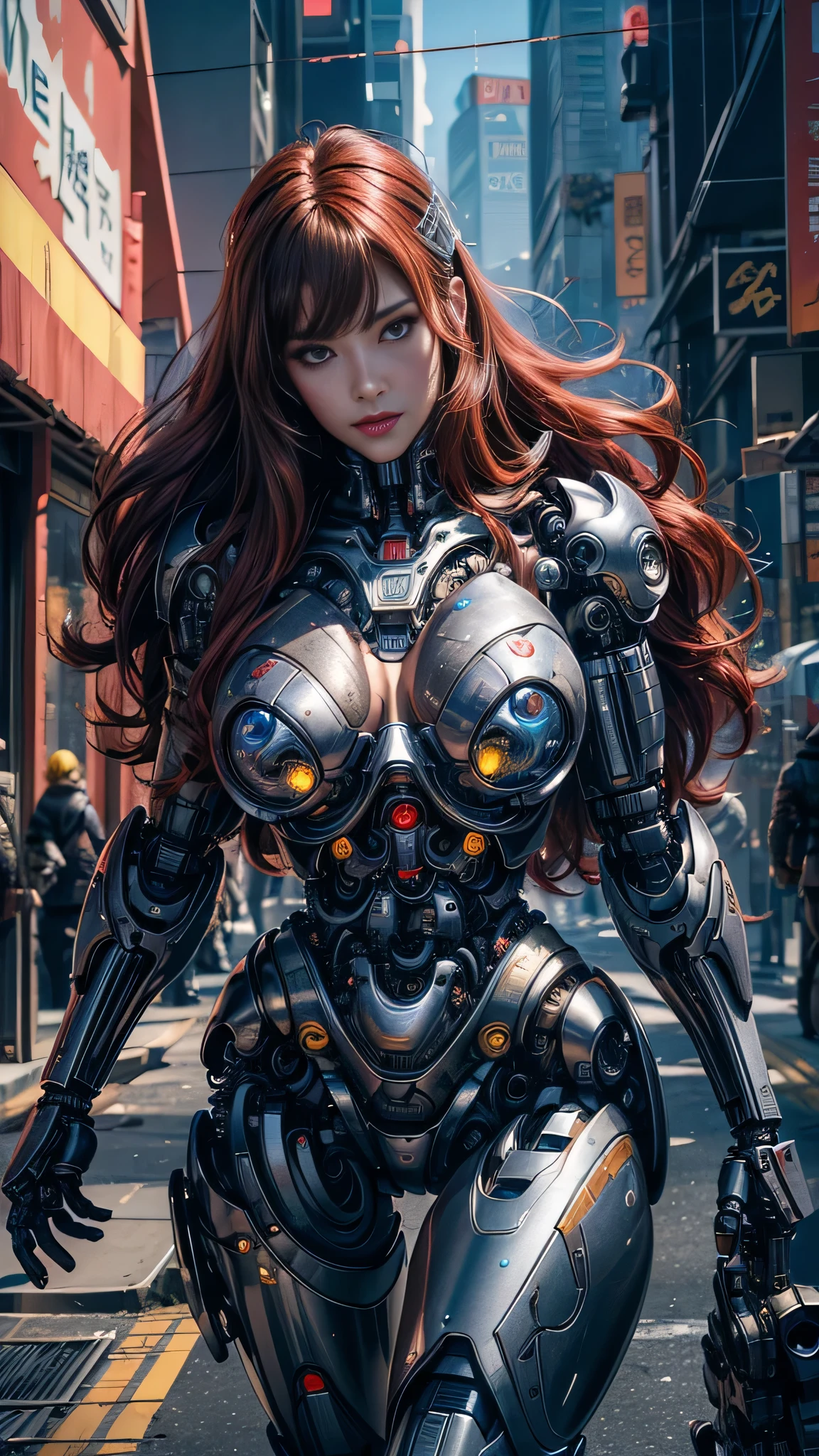 (Masterpiece, Best Quality, photorealestic:1.4), (UHD, 8k wallpaper, High Resolution), a portrait of japanese girl as a cyborg war mechine in a cyborg military with heavy armor, intricate detailed bodywork, messy red hair, detailed beautiful face, very tight musculature, sitting with sexy pose, cute expression. Against the background of a ruined New York City, dressed in black with red trim cyborg military armor, deathpool armor likeness, Oppressive atmosphere, postapocalypse, photon mapping