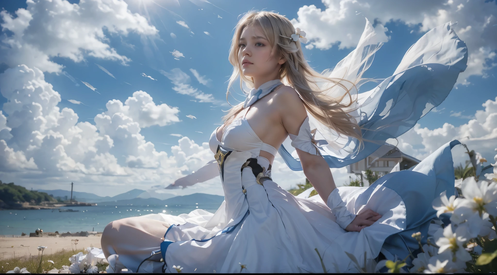 masterpiece, Best quality,1 girl, world (Genshin&#39;s influence), One, sky, worldлые волосы, hair flower, flower, cloud, dress, hair ornament, white dress, blue sky, medium breasts, cut off sleeves, scarf, on open air, bare shoulders, white scarf, day, short hair with long locks, From Side, short hair, cloudy sky, Bang, white flower, medium breasts, Upper body, side locks, white sleeves, Without sleeves,kbxll, lying on the sofa at full height