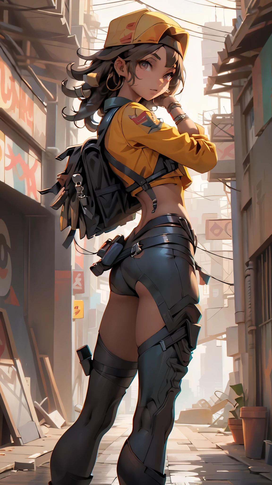 (rear view, backside view),(La mejor calidad,A high resolution,Ultra - detallado,actual),Ariana Grande, 1 chica, Solo, Caderas anchas, linda pose, trazador, By the chestnut, brown bomber jacket, Chest harness, Vambraces blancos, Traje naranja, leggings naranjas, cabello corto, Brown eyes, little mom, antecedentes detallados, cara detallada, ojos detallados, backwards cap, Auriculares puestos, More detailed 8K.motor irreal:1.4,UHD,La mejor calidad:1.4, fotorrealista:1.4, textura de la piel:1.4, obra maestra:1.8,obra-prima, mejor calidad,objeto Objeto], (detailed face features:1.3),(Las proporciones correctas),(Ojos hermosos azules),  (pose vaquero), ,( ciberpunk 2.1), (convexo dedos detallados) 