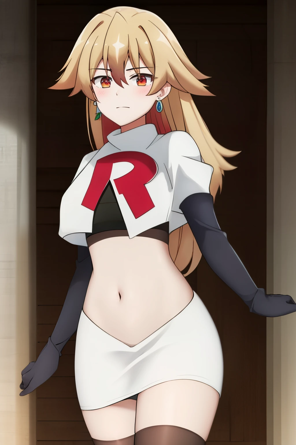 hulemy, 1girl, solo, long_hair, looking_at_viewer, blush, bangs, blonde_hair, brown_hair, red_eyes, hair_between_eyes, jewelry, very_long_hair, earrings, stud_earrings, team rocket,team rocket uniform,white skirt,crop top,black thigh-highs,black elbow gloves