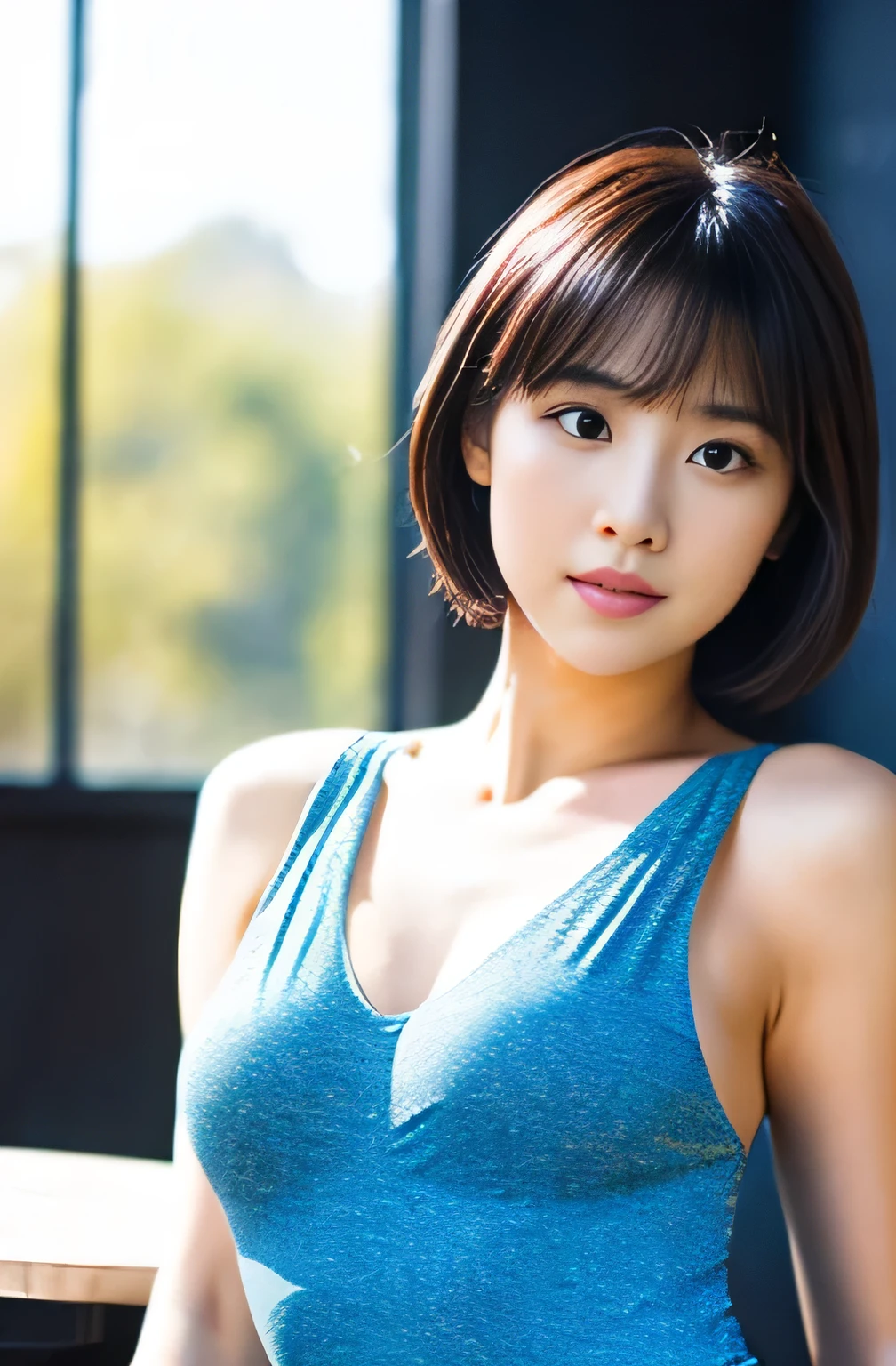 Light blue dress、table top, highest quality, shape, Super detailed, finely, High resolution, 8k wallpaper, Beautiful woman at 30 years old,sexy,Japanese、short cut hair