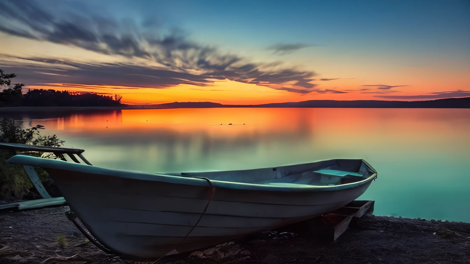 a boat sitting on the shore of a lake at sunset, noite calma, tranquility, barco a remo, Mikko Lagerstedt, foto bonita, serene atmosphere at night, Imagem bonita, barco de madeira, Tranquilo e sereno, beautiful composition, peaceful scene, bela cena, very foto bonita, barco pequeno, tranquilidade, cena serena, Humor matinal, peaceful atmosphere