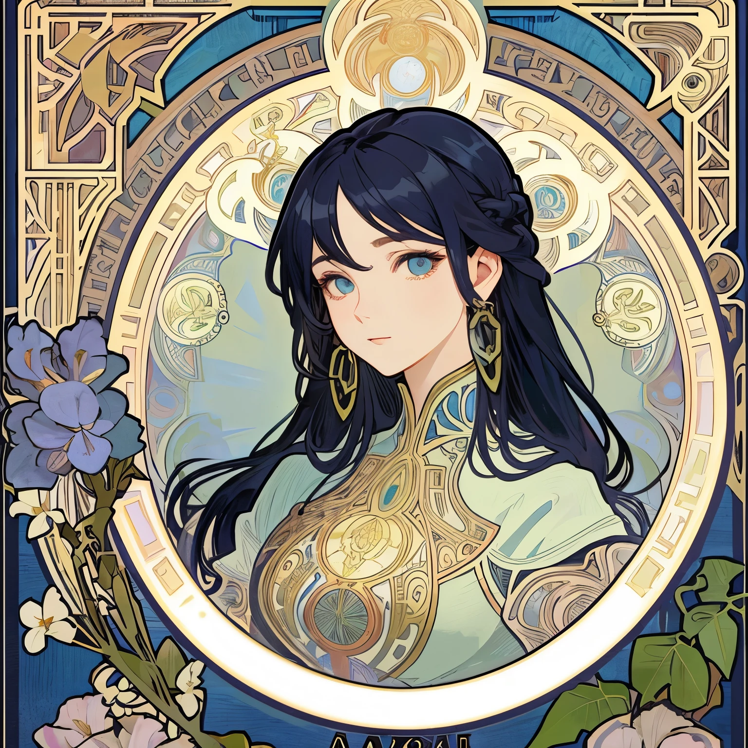 1 beautiful woman、(masterpiece、highest quality、highest quality、beautiful and aesthetic:1.2)、Delicate earrings、flowers in full bloom、dynamic、Based on the concept of an elegant woman、shining eyes、colorful hair、Fluttering petals、Gradation、hyperdetailed intricately detailed, unreal engine, wonderful, intricate details, complementary color, Realistic concept art, 8K resolution, 逸脱のmasterpiece、((Alphonse Mucha style))、fluttering hair、In the form of tarot cards、many flowers in the frame、Money、wizard