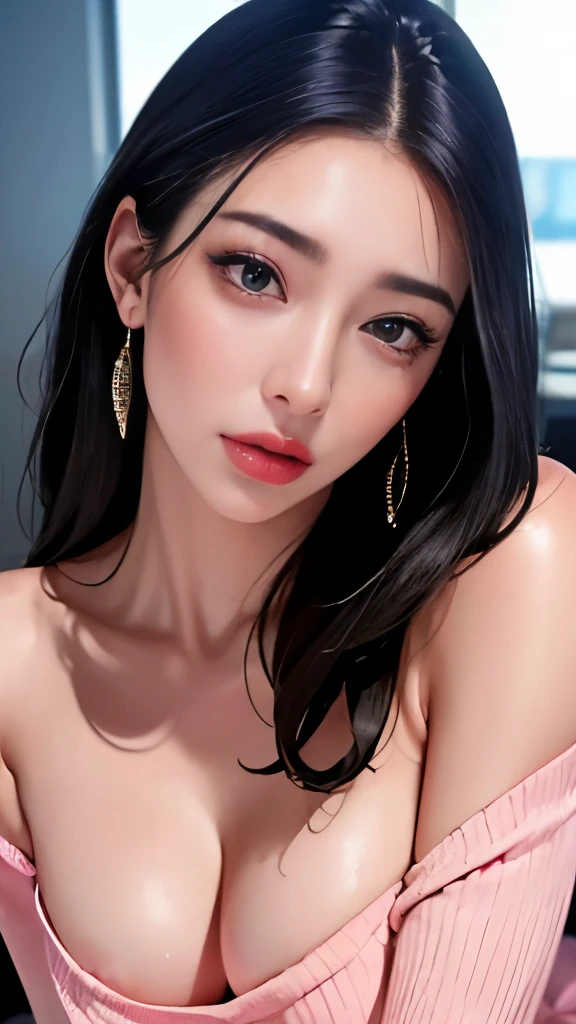 (masterpiece:1.3), (8K, realistic, RAW photo, highest quality: 1.4), (***** Adult Girls), beautiful face, young and beautiful big breasts、big cleavage、(thin face、big earrings、Small Gems、wrist accessories、waist accessories), beautiful ash gray hair color, realistic eyes, beautiful and detailed eyes, (realistic skin、sweat,steam, 迸るSweat、oil skin,sparkling skin、realistic skin texture、詳細なbeautiful skin、shiny skin、shiny skin)、beautiful skin, break、(off shoulder、ribbed fabric sweater dress、big breastsサイズ), confused, charm, charm的な、ultra high resolution, 超realistic, very detailed, beautiful feet、細くcharmな太もも、((full shot :1.8)) , Office lady、((small face、thin neck、thin body、thin arms and legs))、night club、lively neon lights、Shadow、break、Looks embarrassed、((Sweat, vapor))、((drooping cut length、cold gaze、scornful face、Contemptuous face))、(slender body、big breasts、Long breasts、saggy breasts、Weaning), break、((fluorescent pink gloss lip))