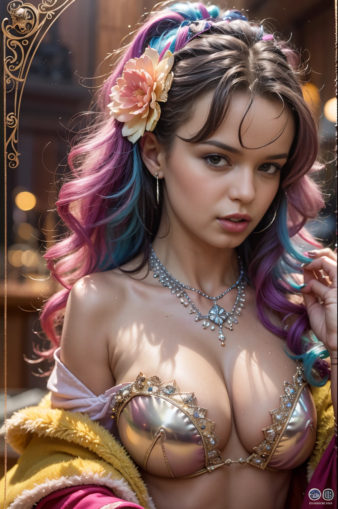 Close-up of a woman with colorful hair and necklace, fantasy palace, cowboy shot, masterpiece, 8k, best quality