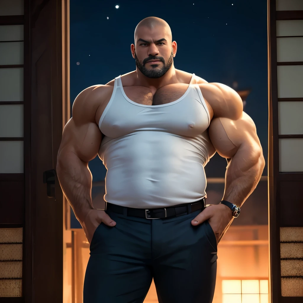 (highest quality:1.5), (masterpiece:1.5), (night:1.2), (luxurious entrance:1.2), (Japanese:1.2), solo, hot guy, shaved head, [short stubble:0.9], (macho:1.2), (Huge body:1.5), fat, 48 years old, white tank top, Work pants, (cowboy shot:1.1), (shoot from front:1.3), mouth open, (shoot from front:1.3)