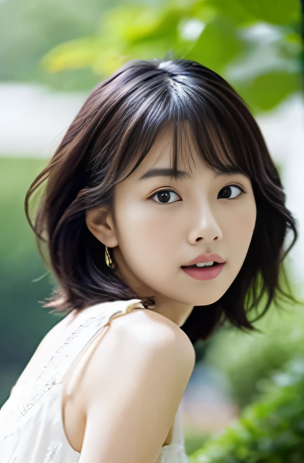 white dress、table top, highest quality, shape, Super detailed, finely, High resolution, 8k wallpaper, Beautiful woman at 30 years old,sexy,Japanese、short cut hair